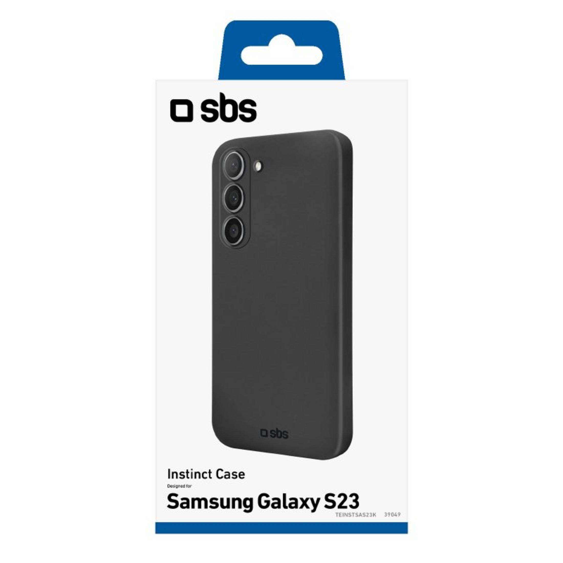 Schwarze Samsung Galaxy S23 Hülle von SBS mit drei Kameralinsen auf der Rückseite.