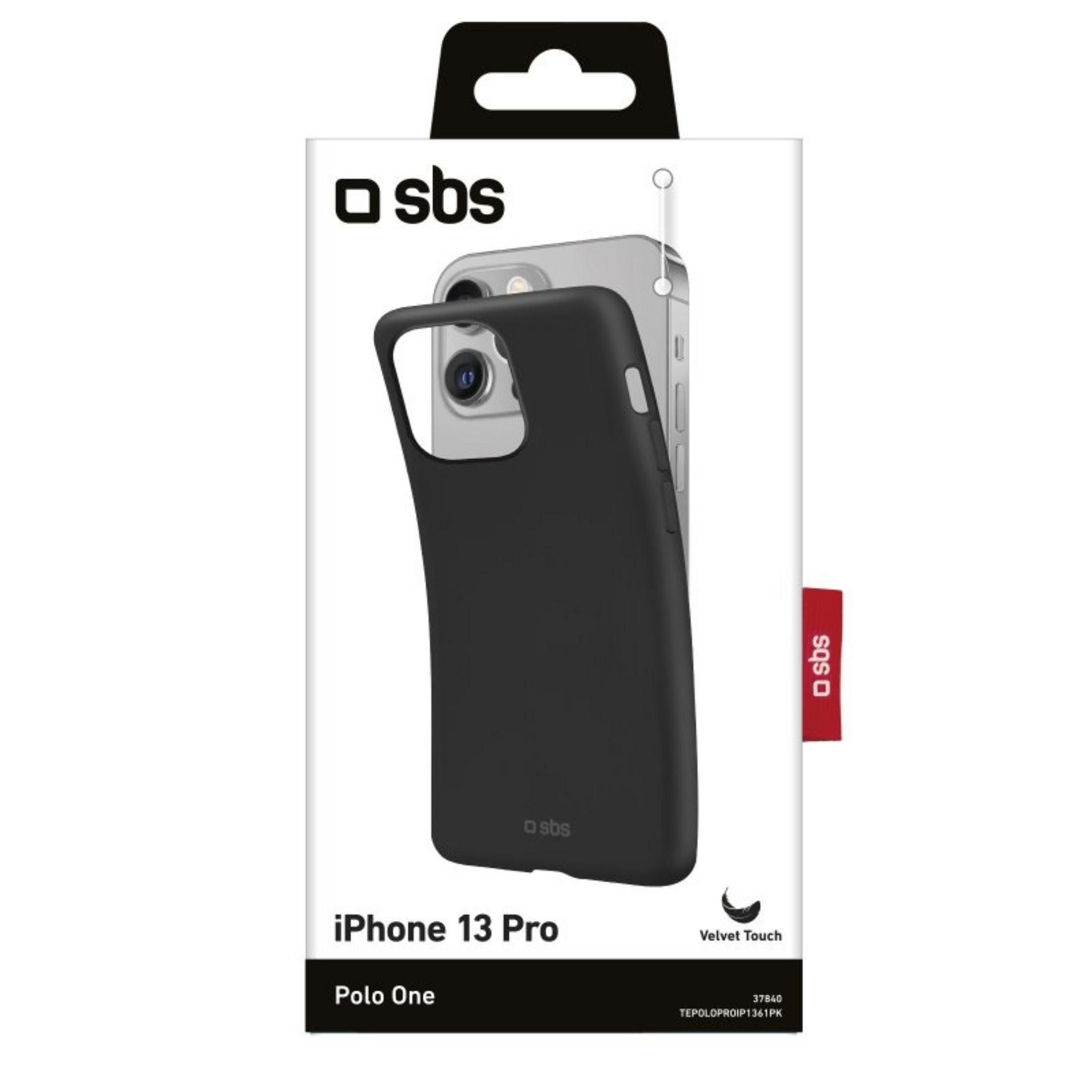 Funda negra SBS Polo One iPhone 13 Pro sobre embalaje blanco.