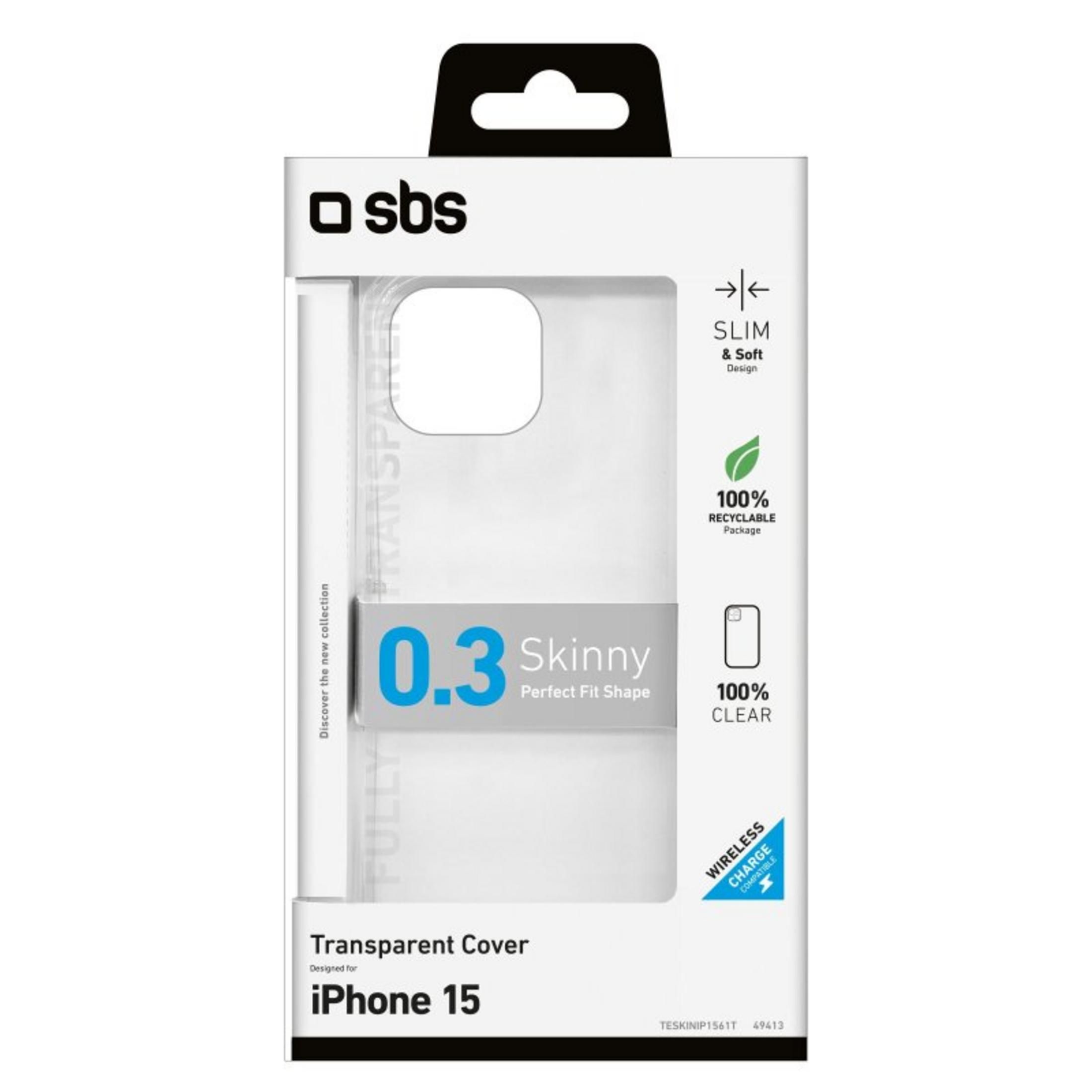 Cover SBS iPhone 15, trasparente, sottile, 0,3 mm, ricarica wireless.