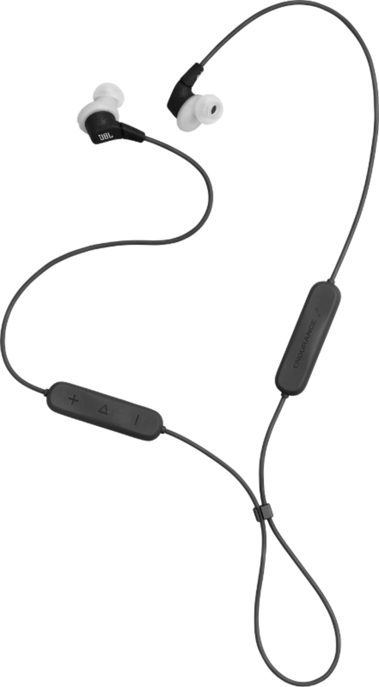 Schwarze JBL-Kopfhörer mit weißen Ohrstöpseln und Bedienelementen.