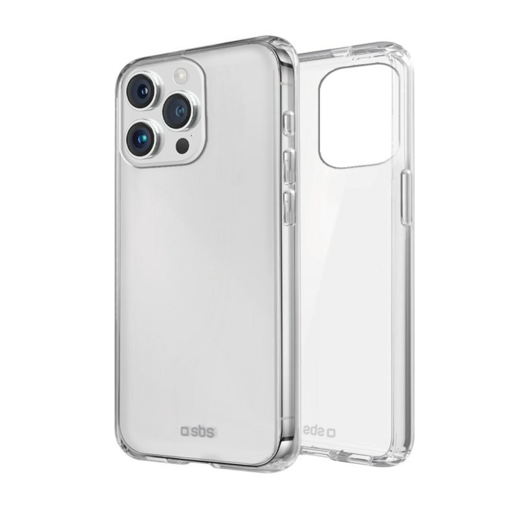 Custodia trasparente per telefono con modulo fotocamera e logo SBS.