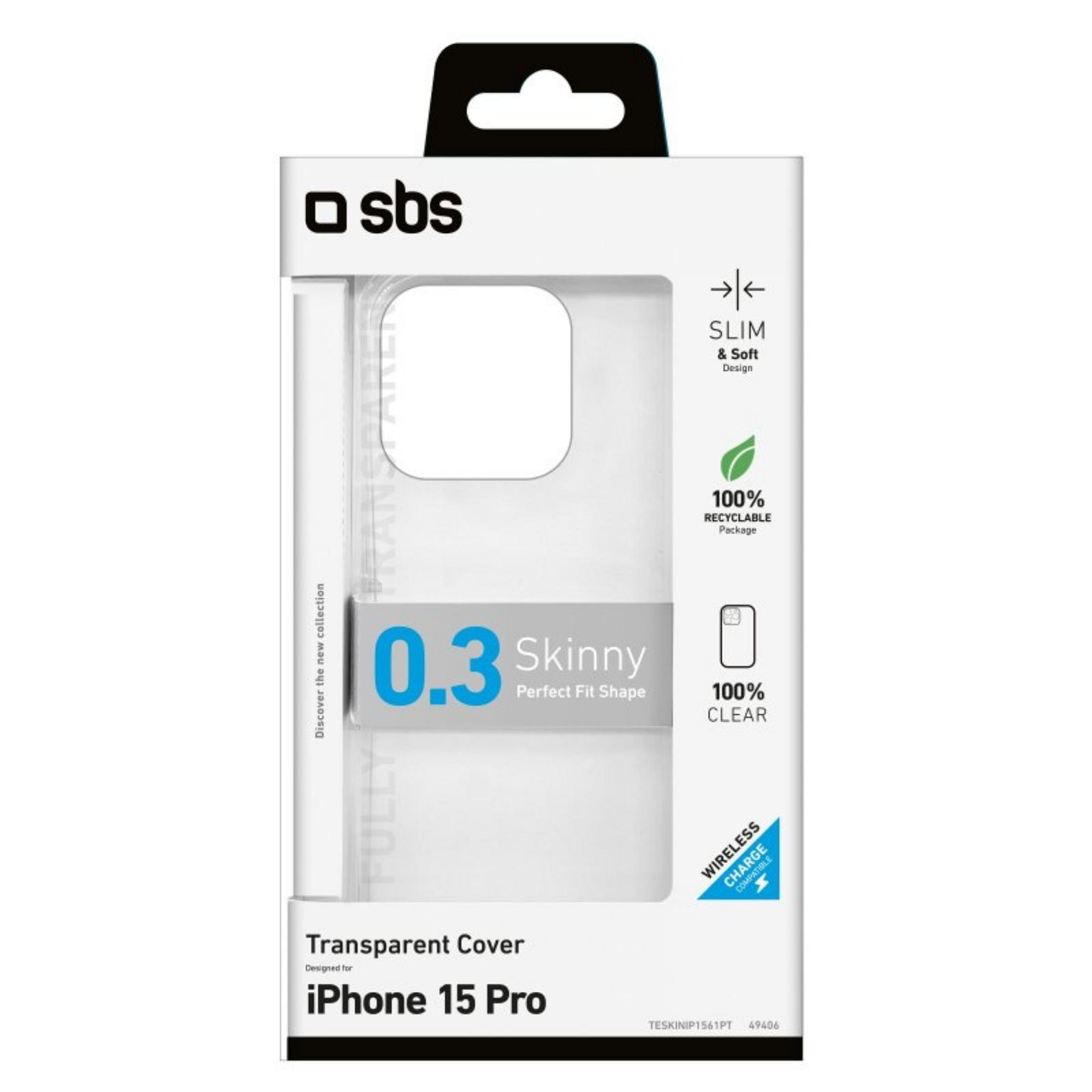 Cover SBS iPhone 15 Pro, trasparente, sottile, 0.3mm, compatibile ricarica wireless.