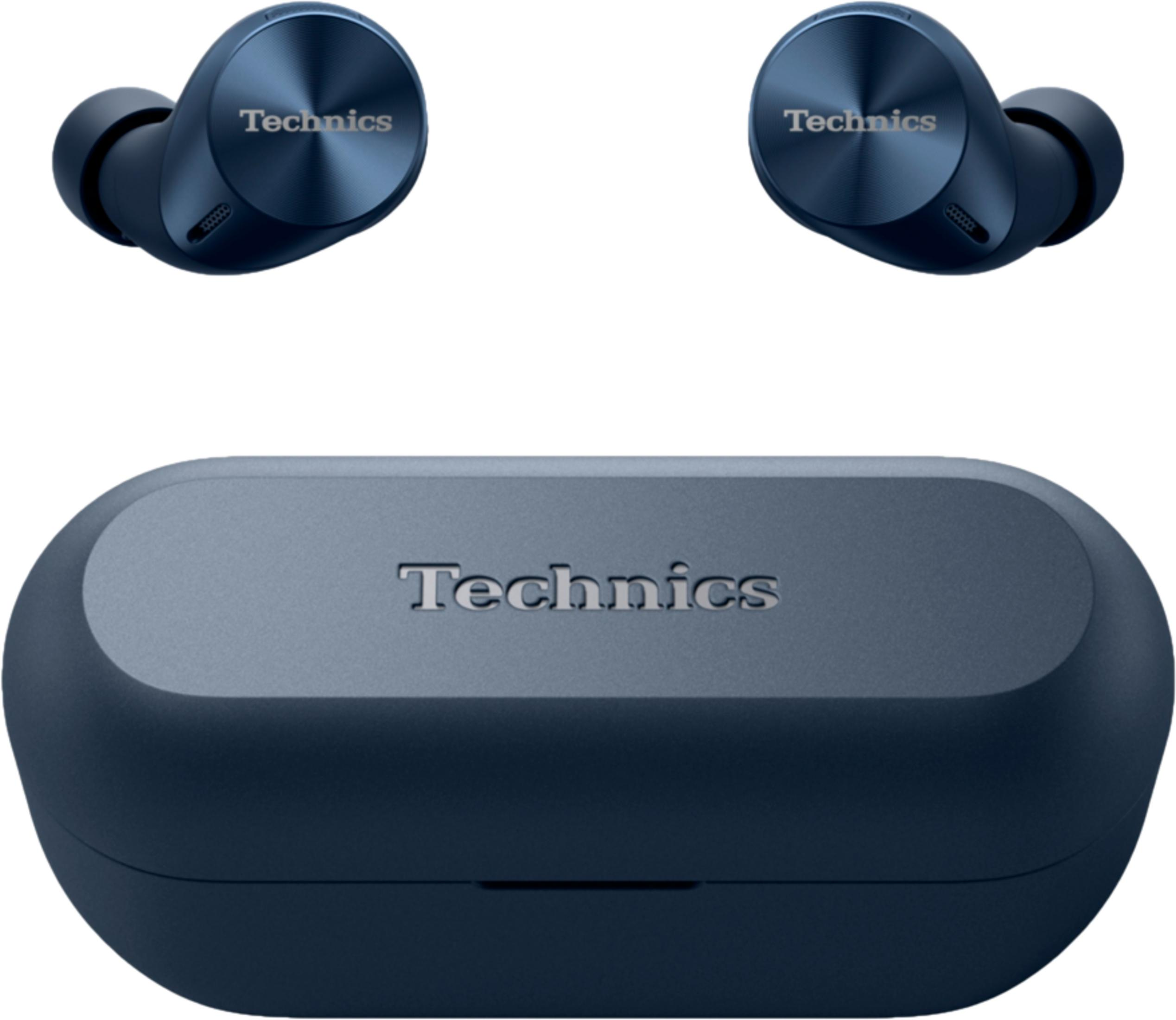 Drei dunkelblaue Technics-Ohrhörer und Ladecase.
