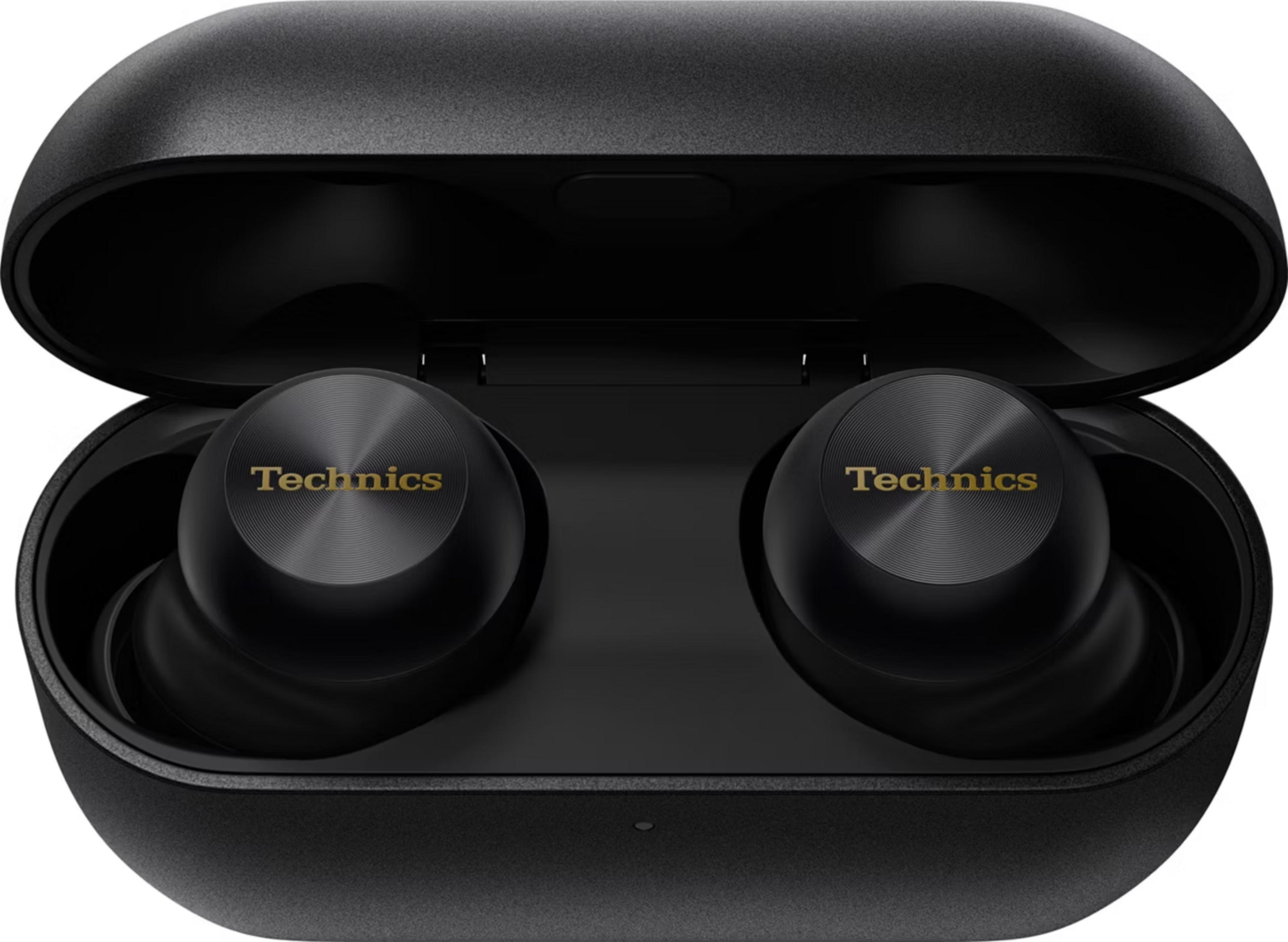 Schwarze kabellose Kopfhörer mit goldenem „Technics“-Logo in offenem Ladecase.