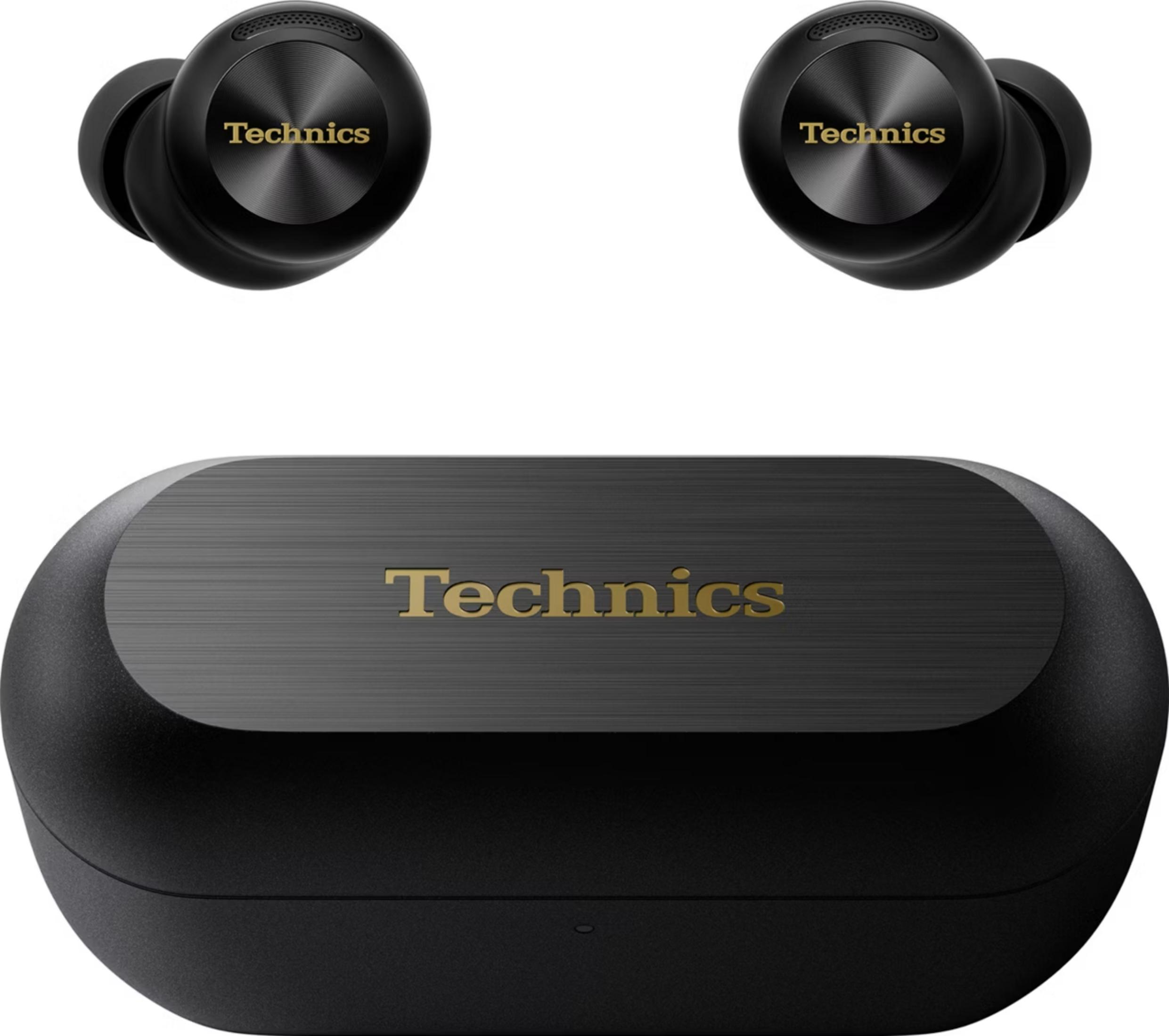 Zwei schwarze kabellose Kopfhörer und ein Ladeetui mit dem Logo 'Technics'.