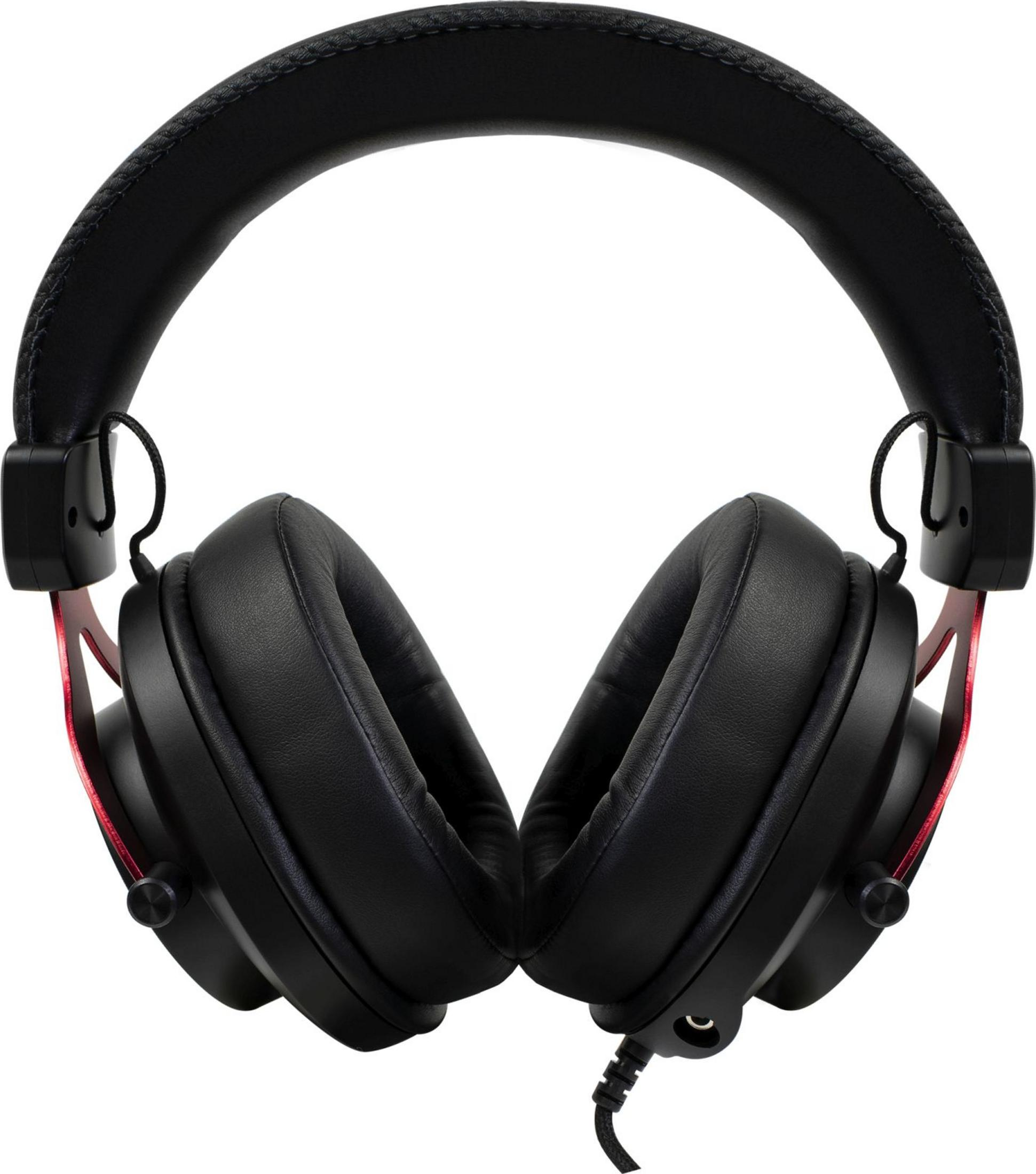 Czarne słuchawki z czerwonymi akcentami i wyściełanymi nausznikami.