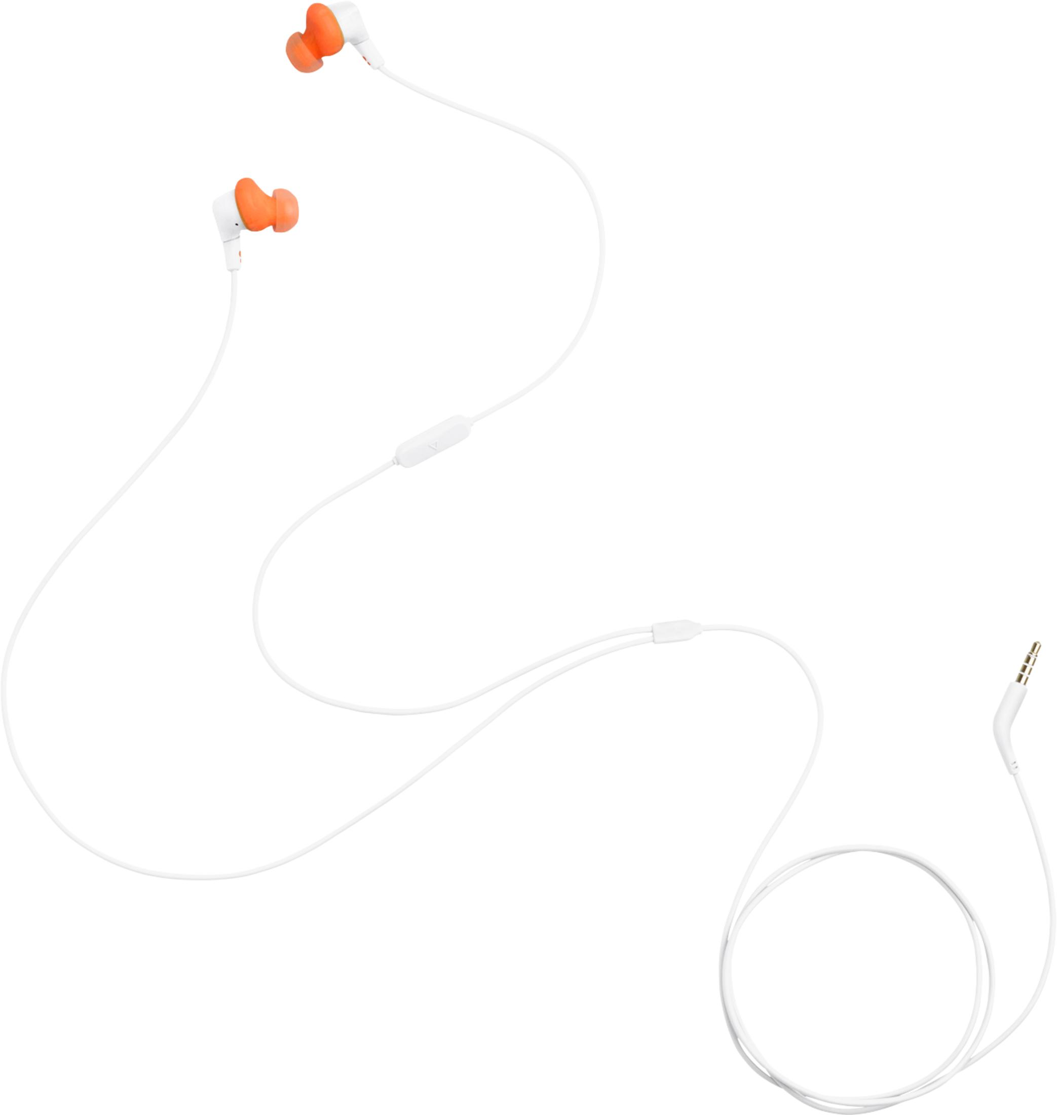 Auriculares blancos con almohadillas naranjas y conector de 3,5 mm.