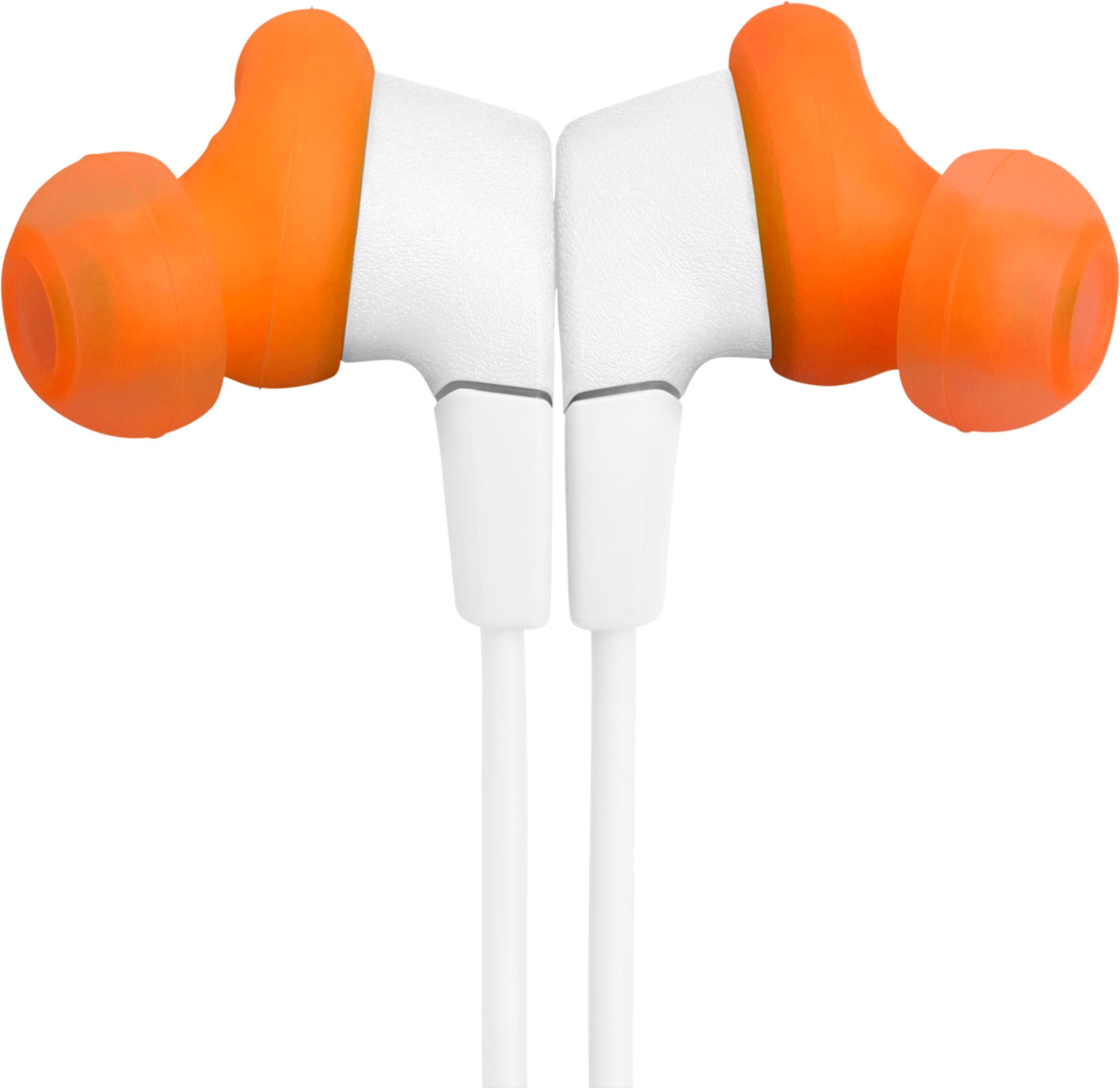 Dos auriculares blancos con almohadillas naranjas, primer plano.