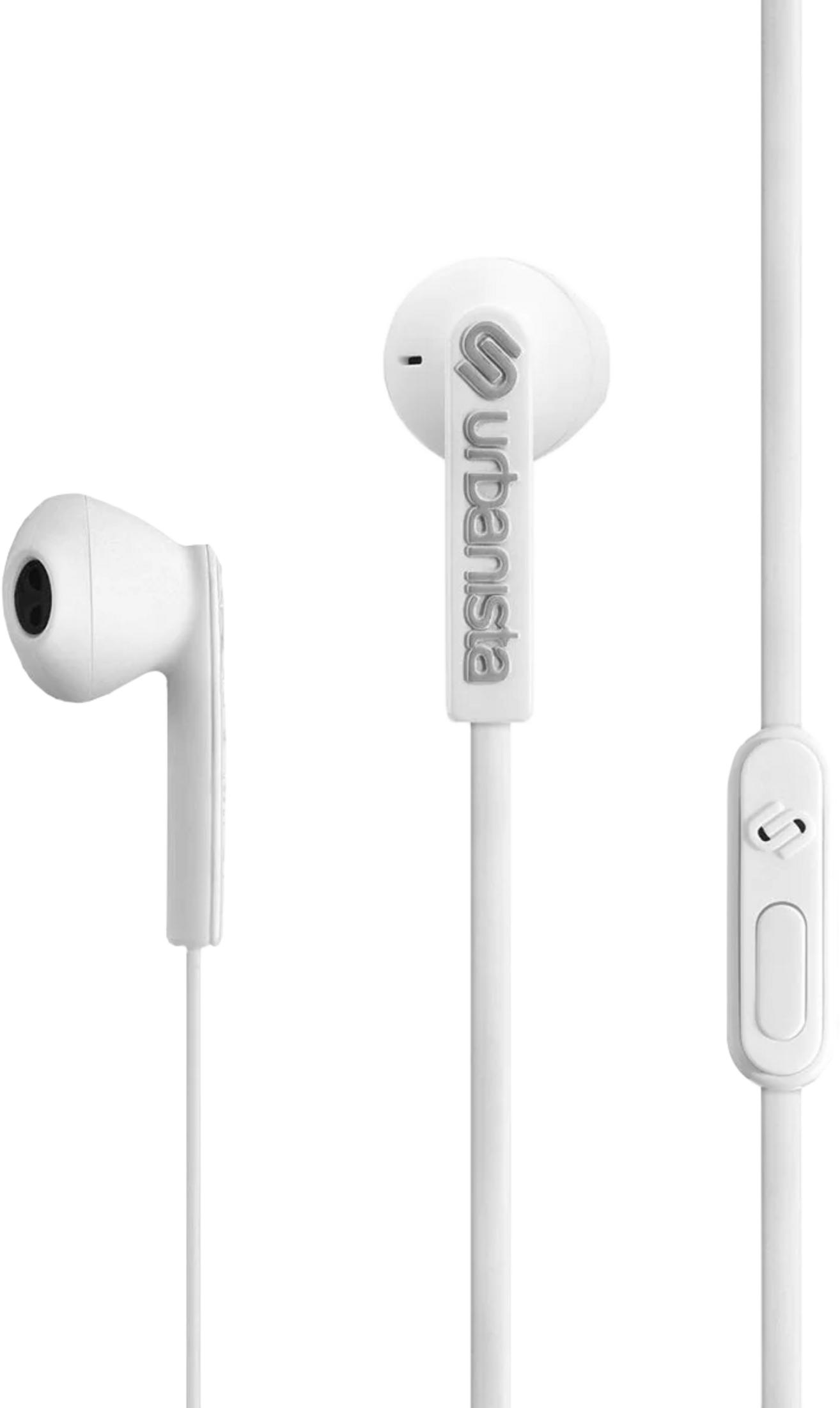 Weiße In-Ear-Kopfhörer mit Fernbedienung und Logo.