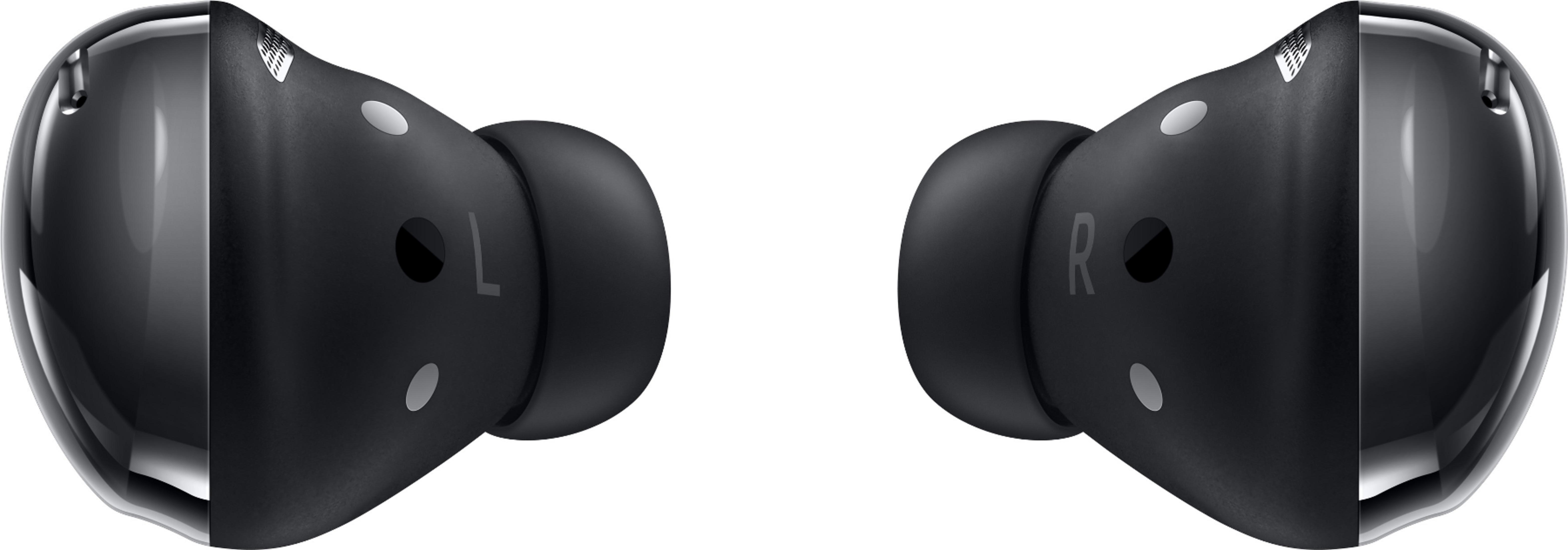 Schwarze Ohrhörer, links und rechts, mit glänzenden und matten Oberflächen.
