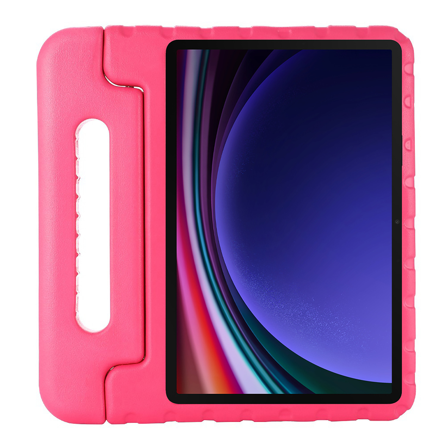 Ein pinkes Tablet mit Griff und einem blauen Hintergrundbild.
