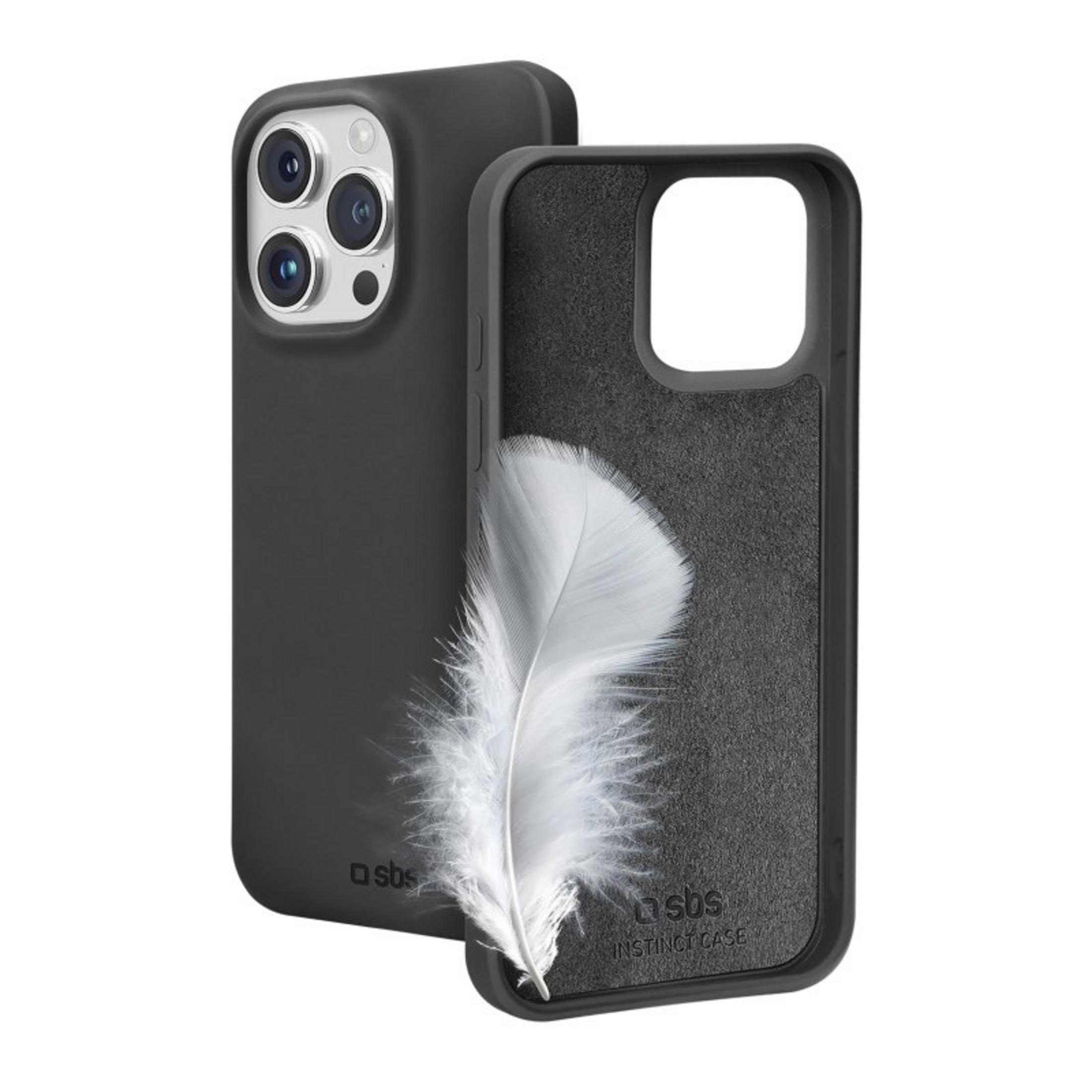 Cover nera per telefono con piuma su sfondo bianco.