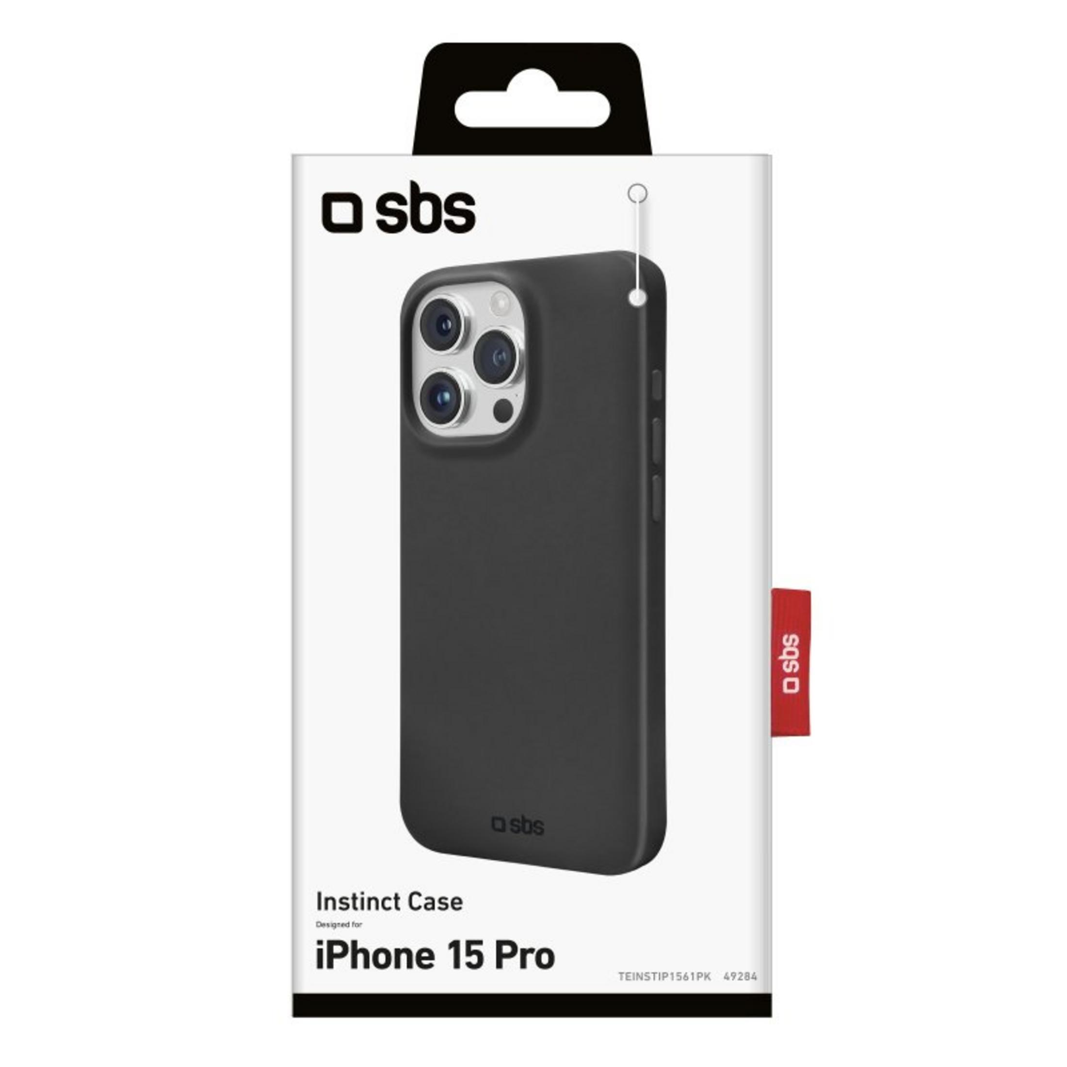 Cover nera per iPhone 15 Pro nella sua confezione brandizzata SBS.