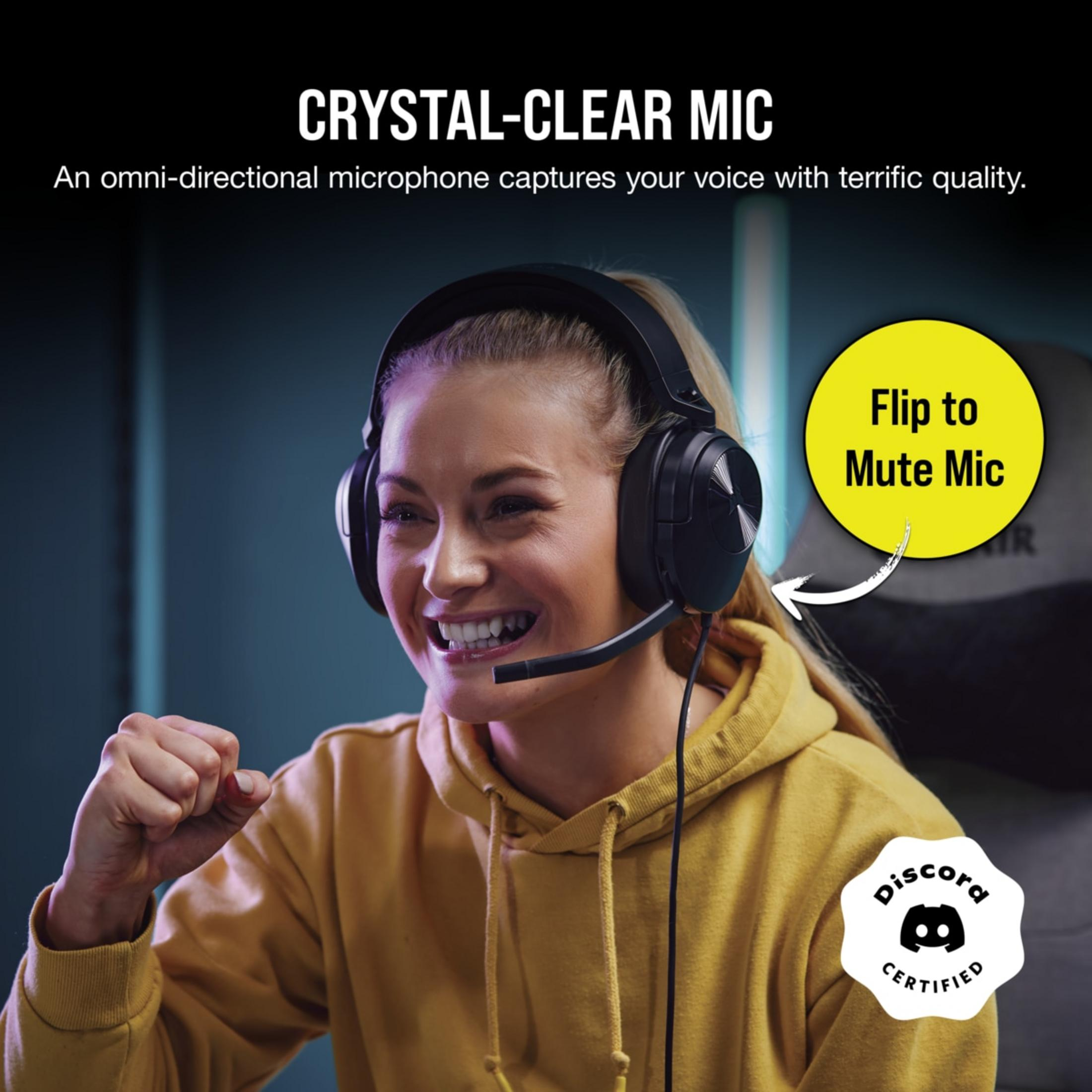 Frau mit Headset und Mikrofon, gelbes Hoodie, "Flip to Mute Mic"-Aufkleber.
