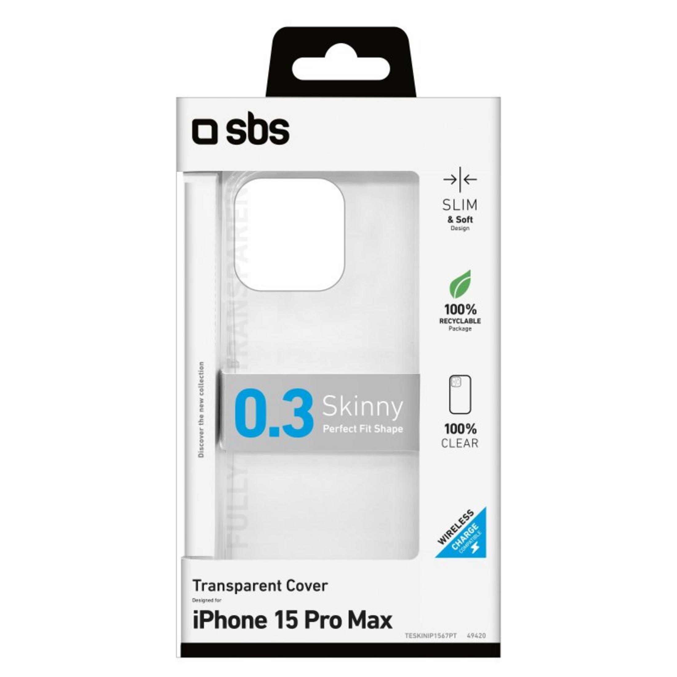 Confezione per cover iPhone 15 Pro Max. Sottile, 0,3mm, trasparente, riciclabile.