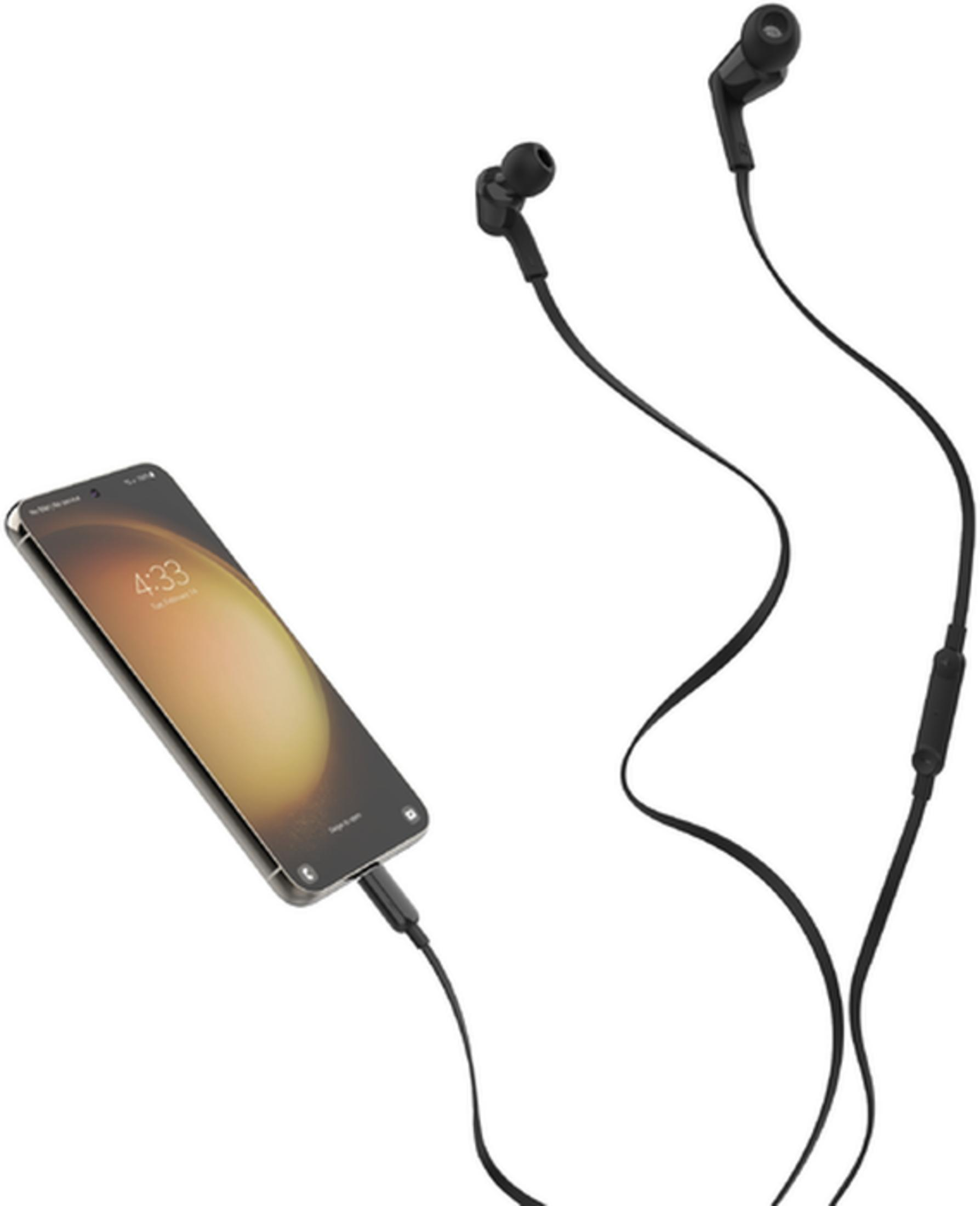 Écouteurs noirs connectés à un smartphone affichant 4:33.