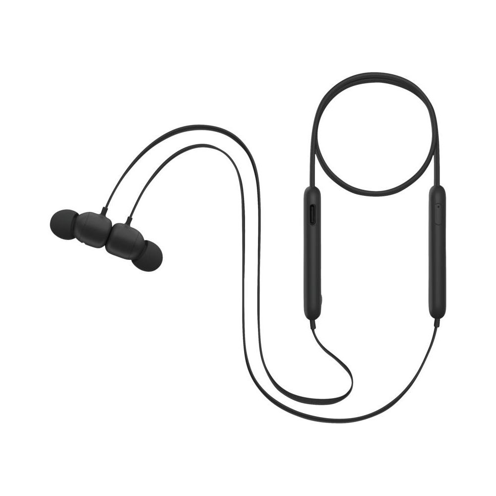 Czarne słuchawki z pałąkiem na szyję, douszne i z wbudowanymi elementami sterującymi.