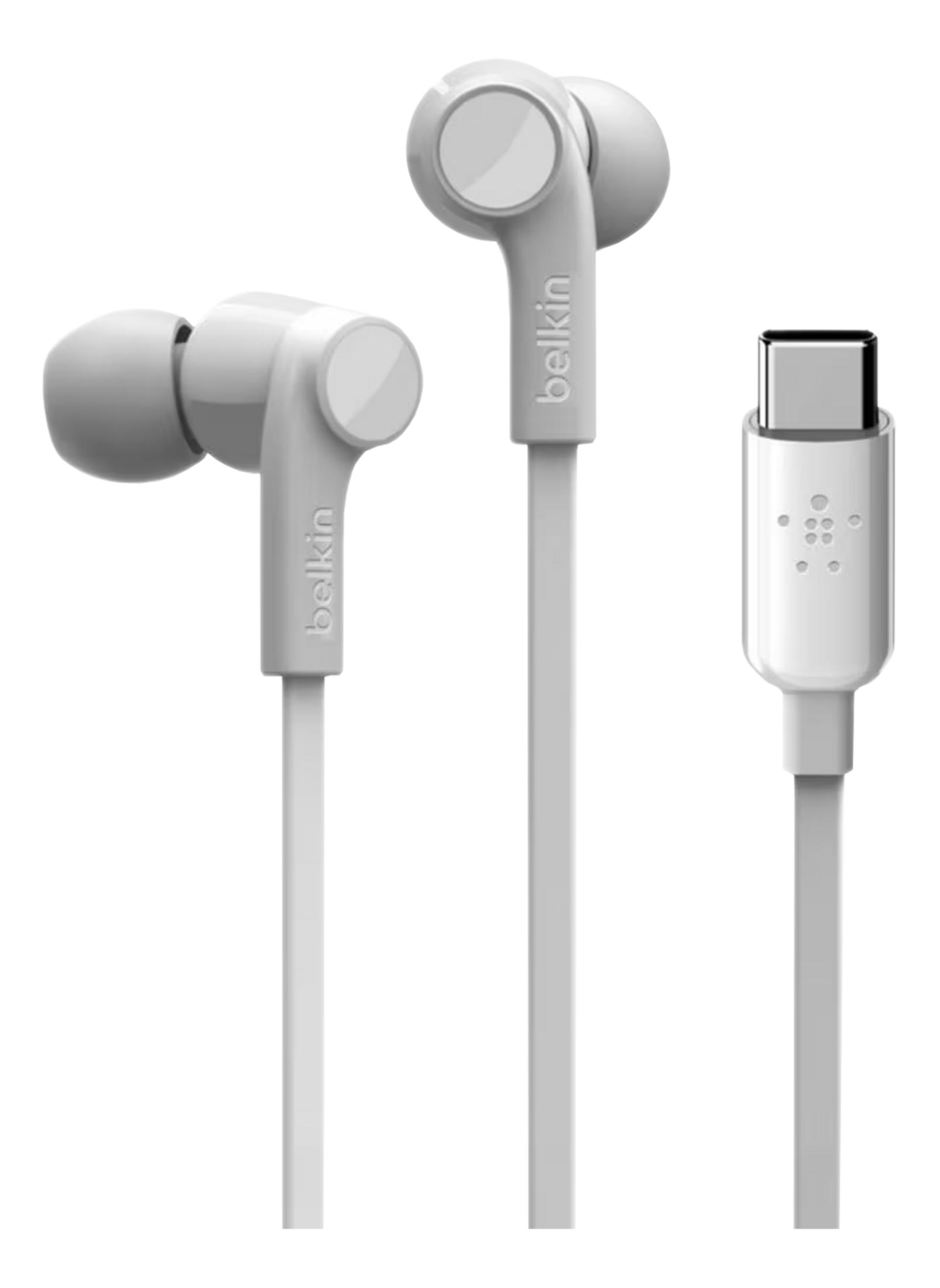 Białe słuchawki Belkin ze złączem USB-C na białym tle.