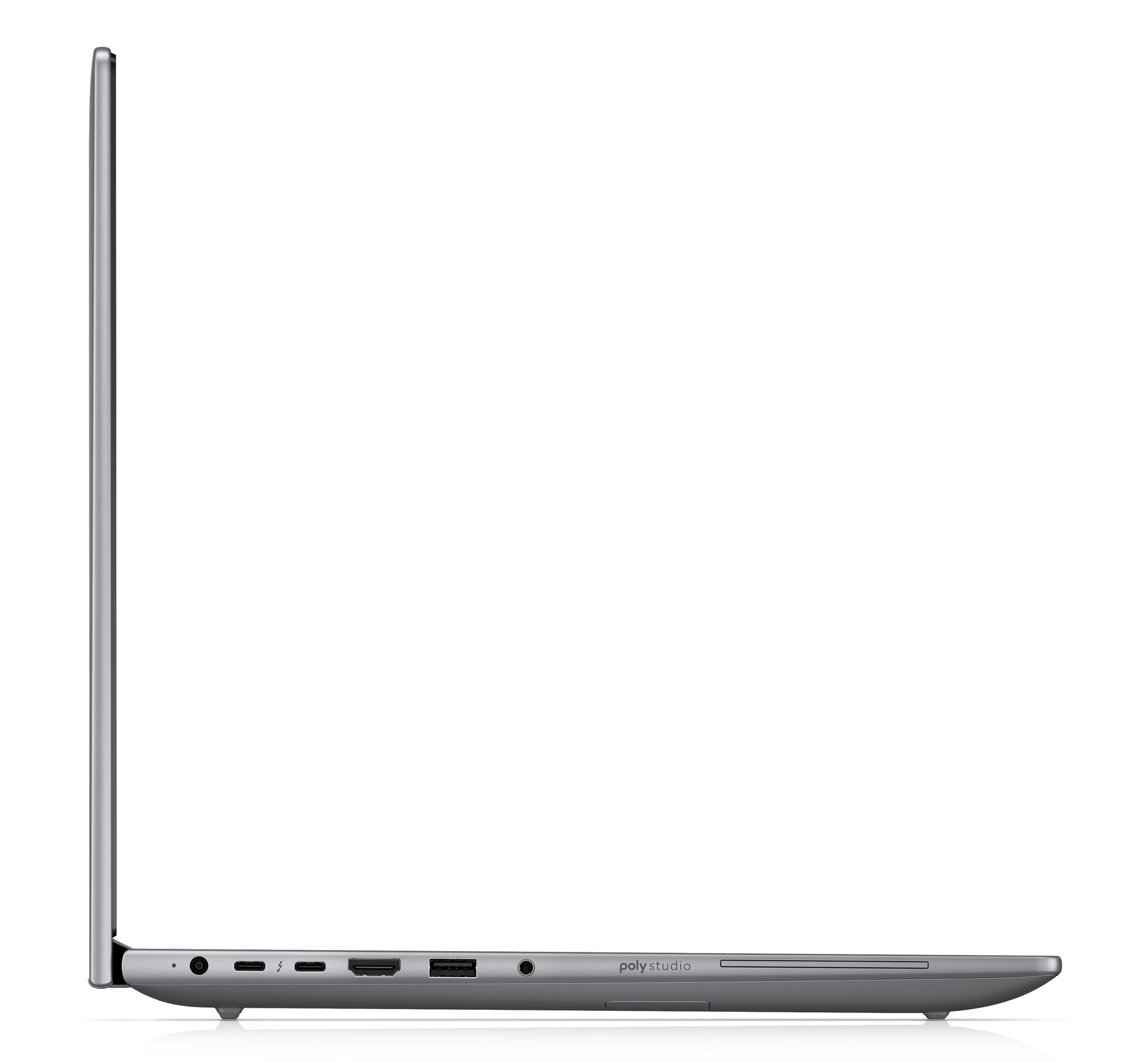 Vista laterale di un laptop grigio che mostra le porte: audio, USB-C, HDMI, USB-A.