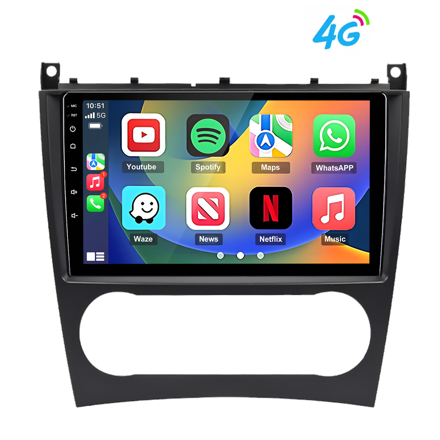 Ein Autoradio-Touchscreen mit Apps wie YouTube, Spotify, WhatsApp und Netflix.