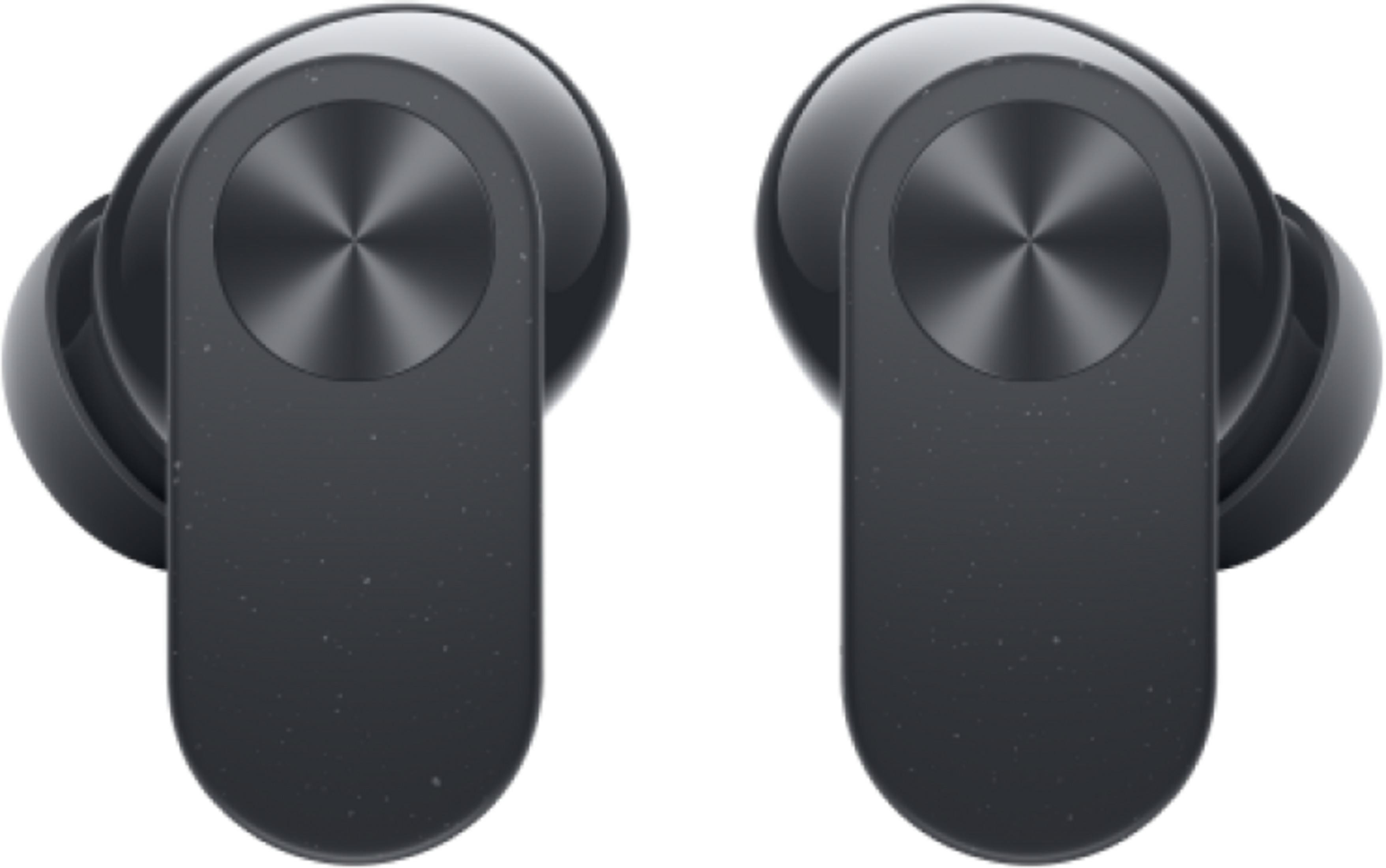 Due auricolari wireless neri con motivo metallico circolare sulla parte rotonda.