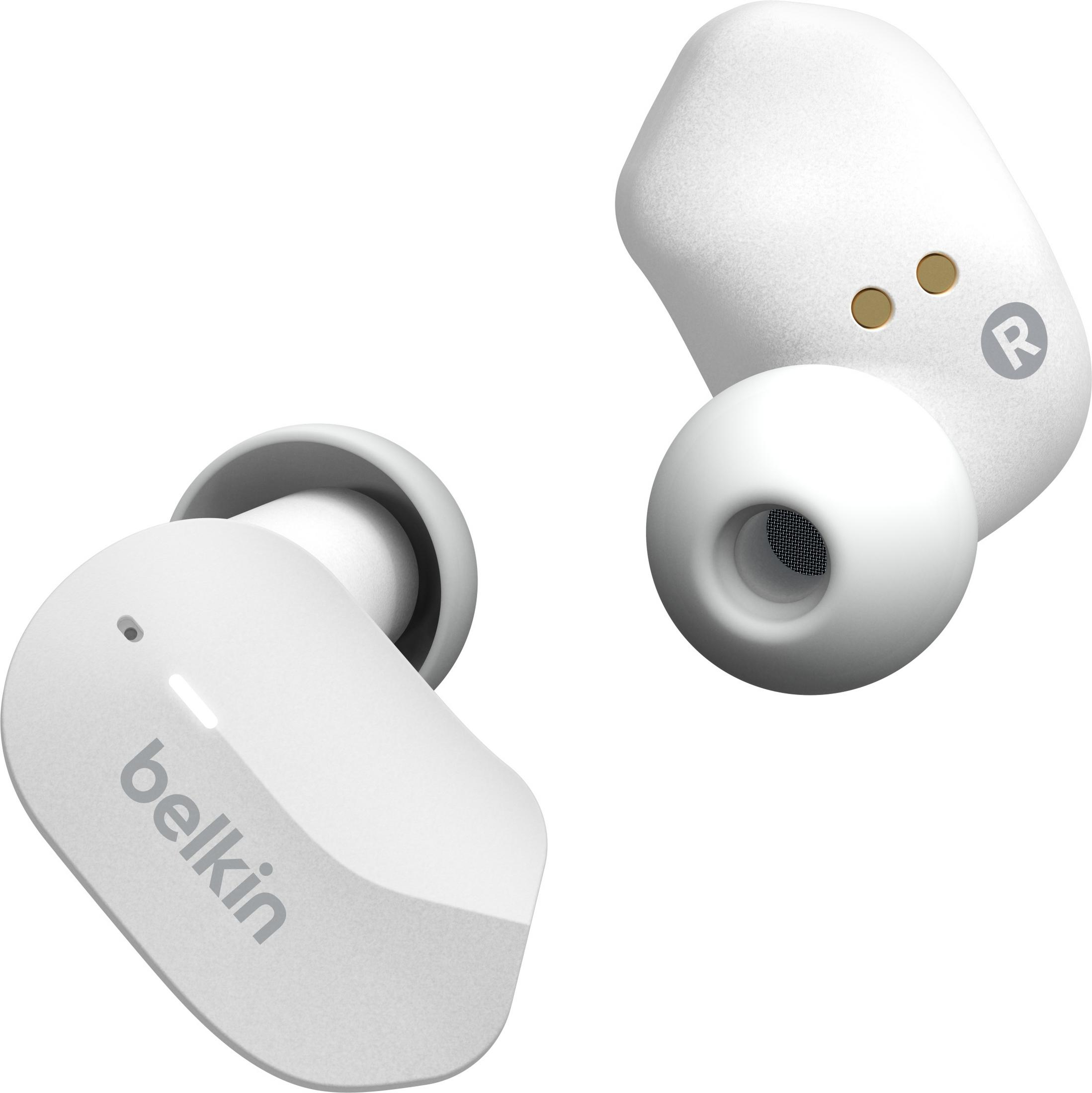 Due auricolari Belkin bianchi, uno con 'R' per destra, su sfondo bianco.