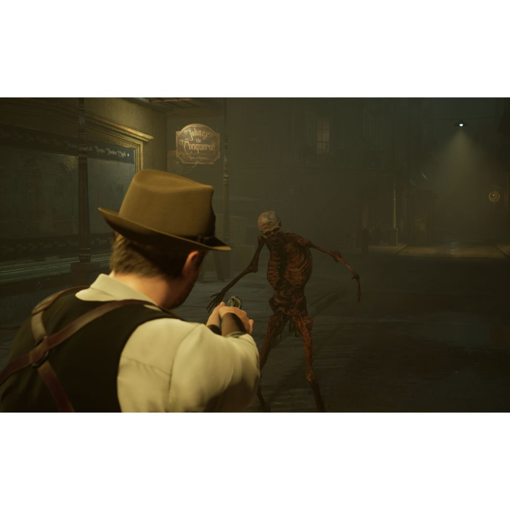 Mężczyzna w kapeluszu celuje pistoletem w szkieletową istotę.