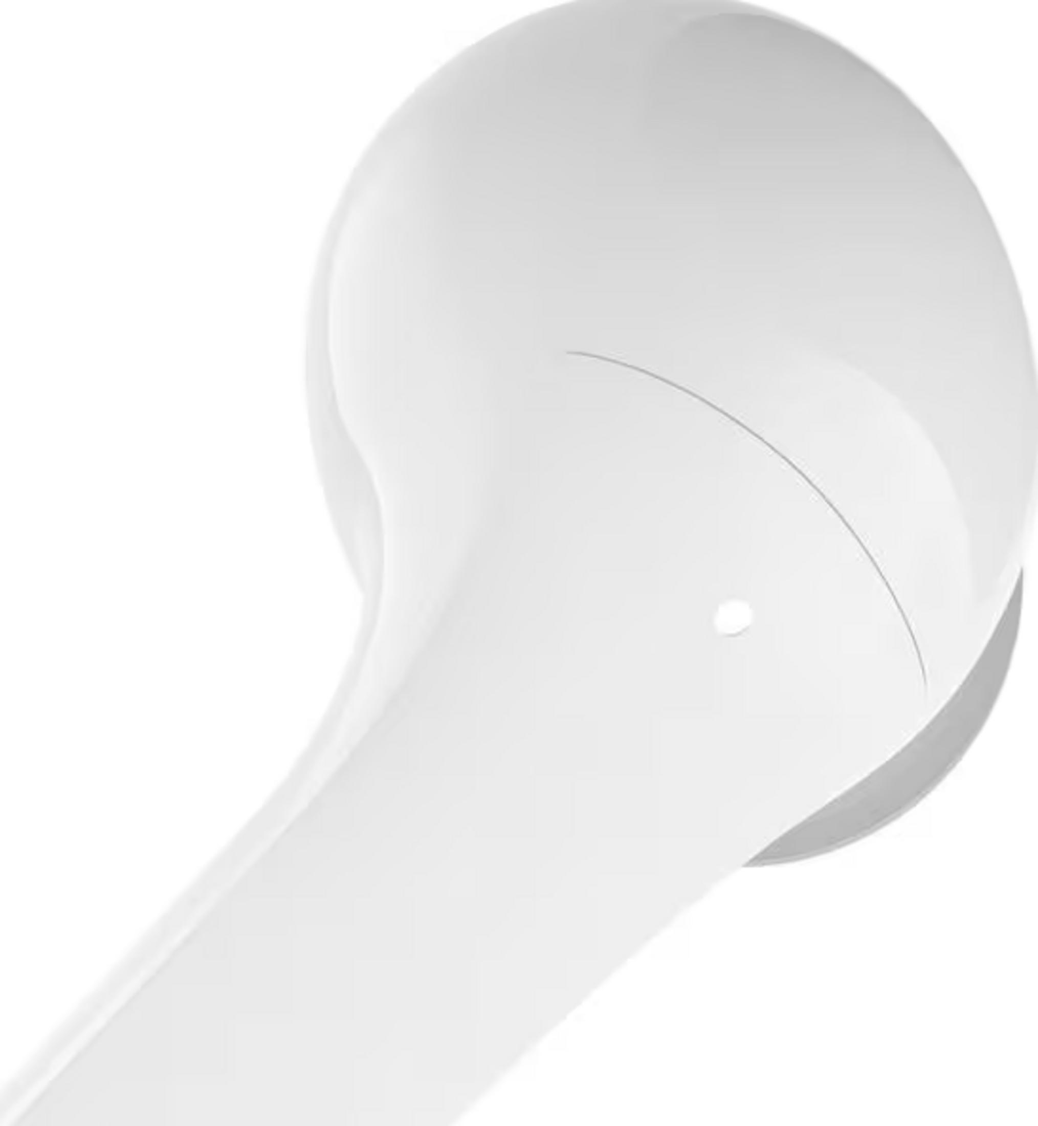 Biała słuchawka douszna z szarą krawędzią i kropką.