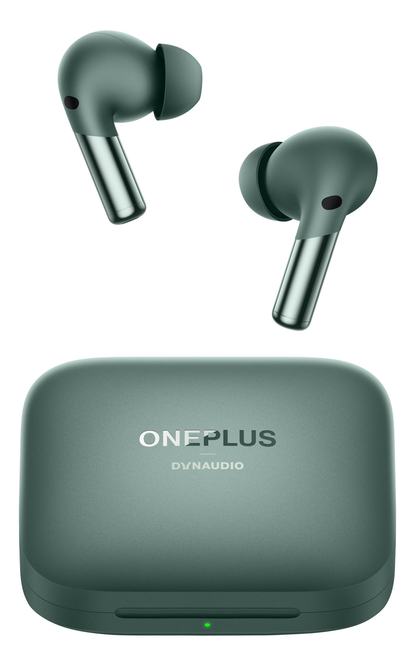 Para zielonych słuchawek OnePlus nad pasującym etui ładującym.