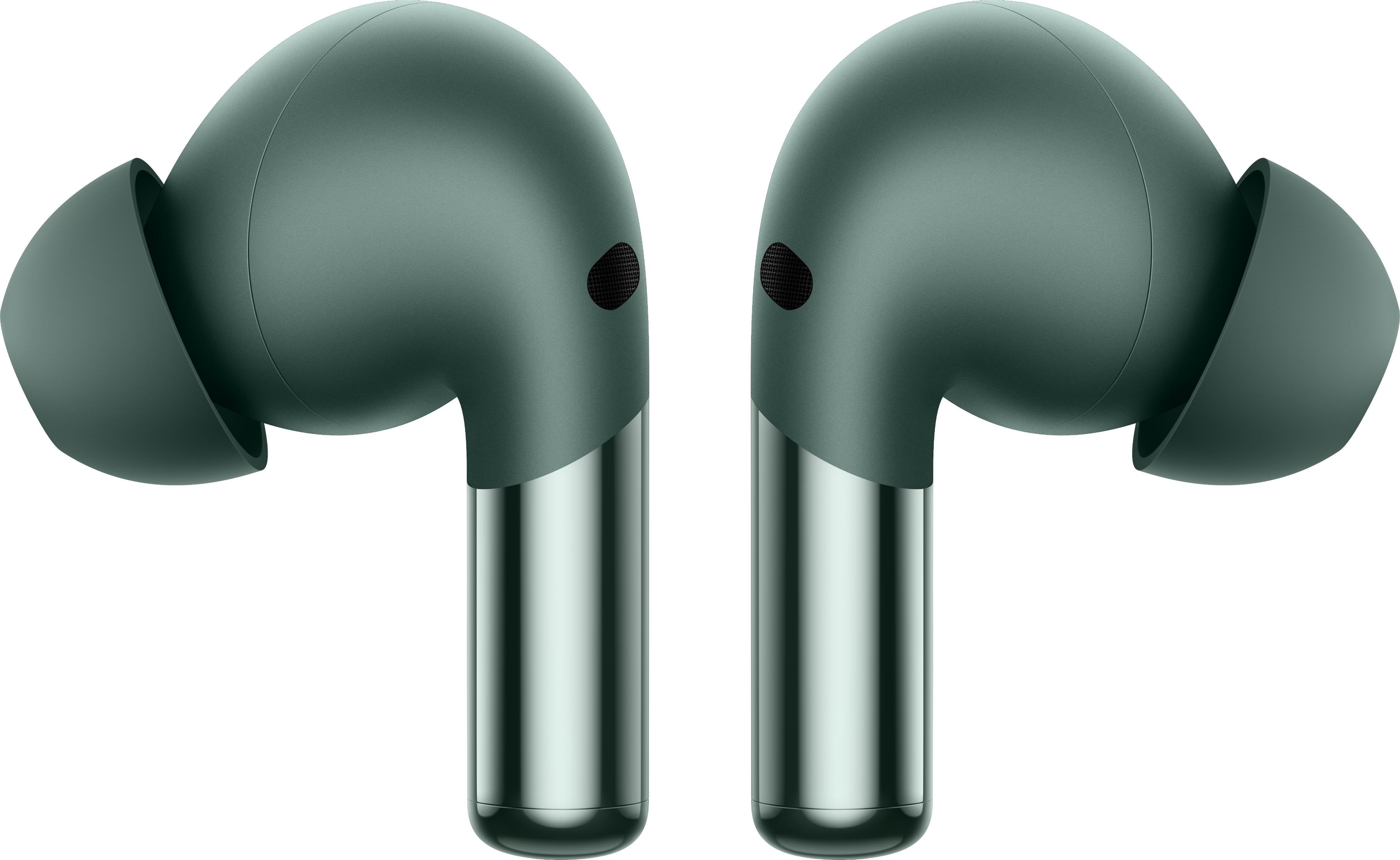 Dwa zielone słuchawki bezprzewodowe z srebrnymi trzonkami na białym tle.