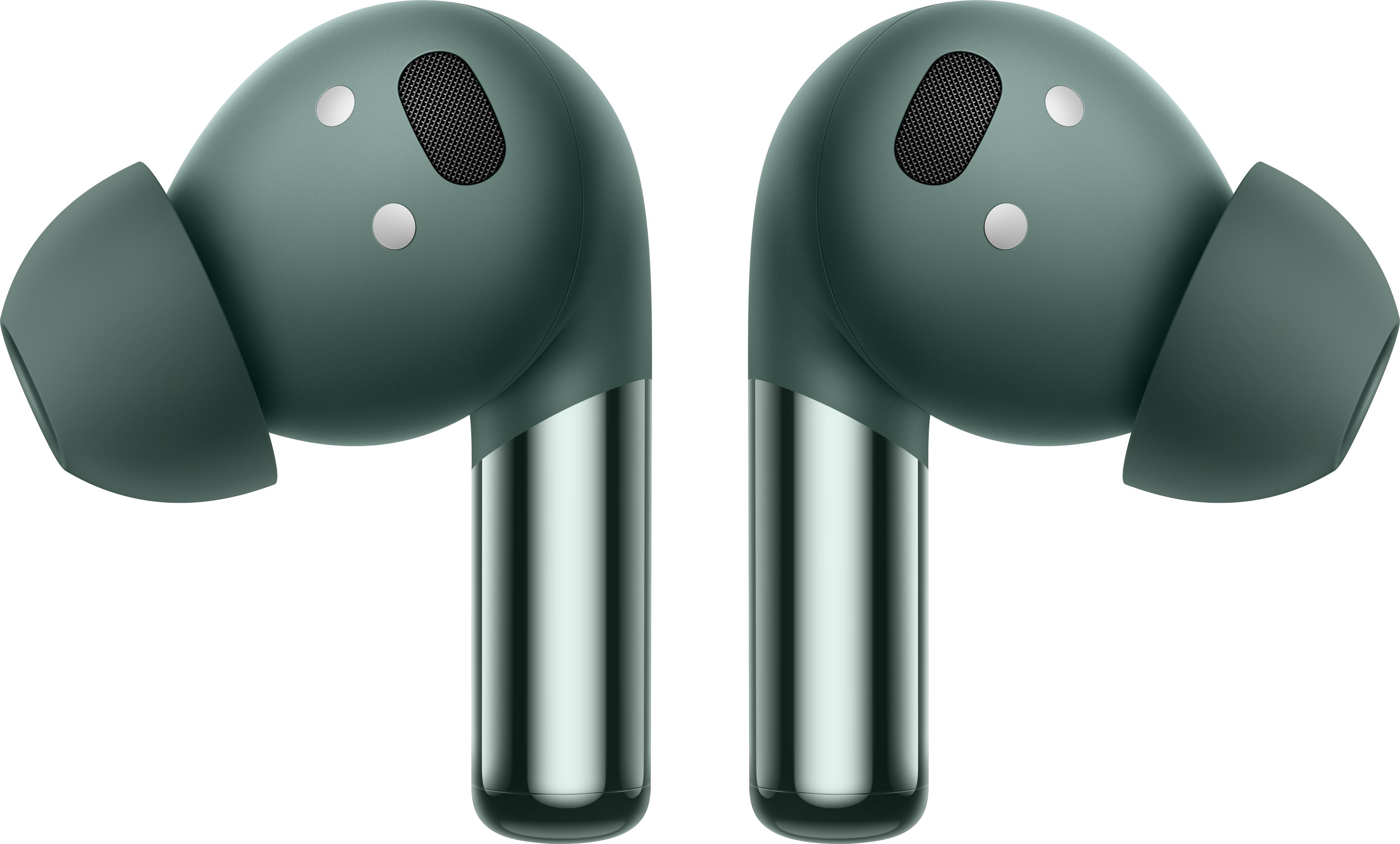 Dwa zielone słuchawki bezprzewodowe ze srebrnymi trzonkami na białym tle.
