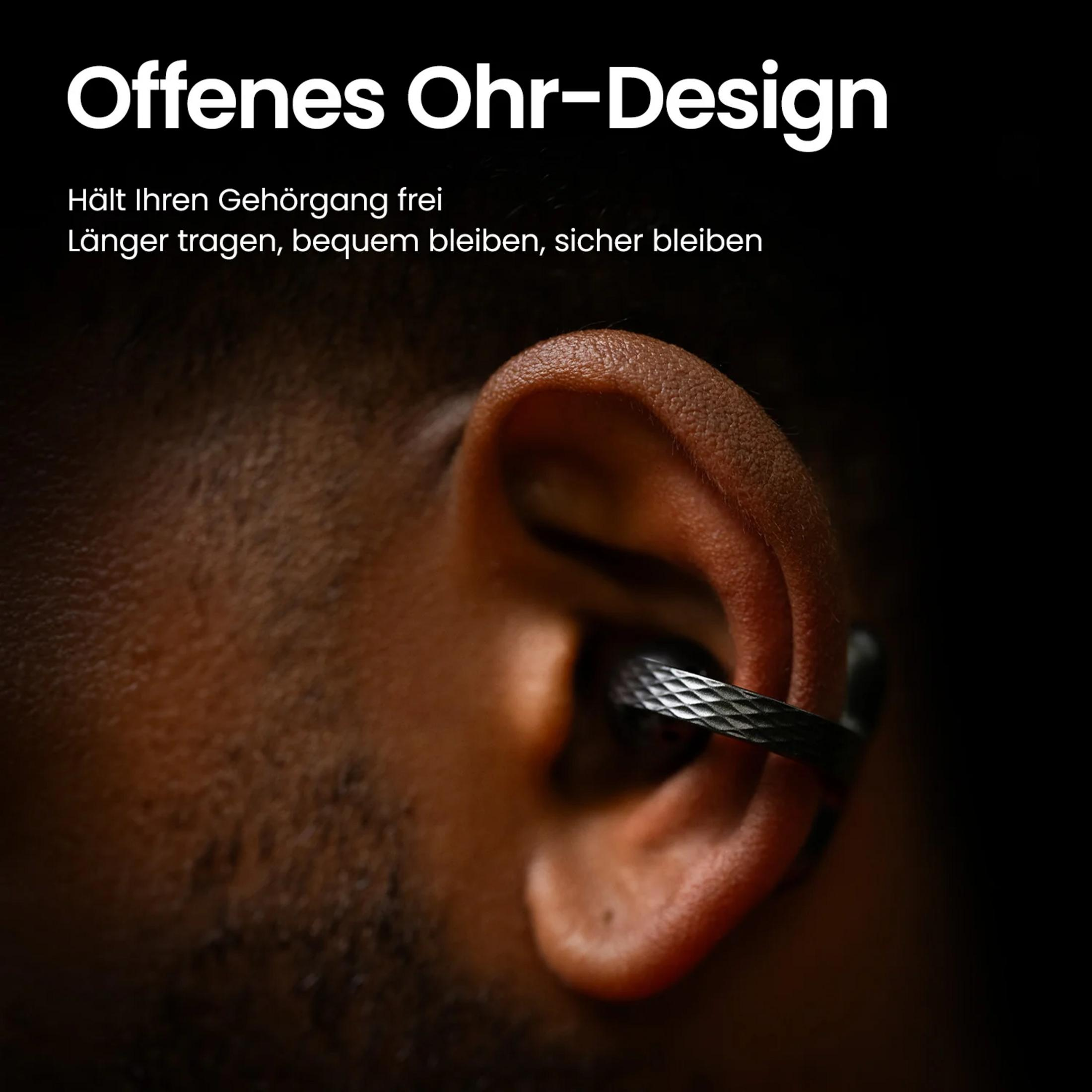 Ein offenes Ohr-Design Kopfhörer sitzt am Ohr. Das Kabel ist schwarz.