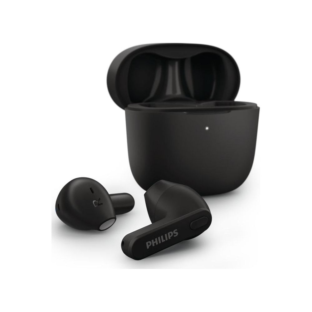 Czarne bezprzewodowe słuchawki Philips z etui ładującym.