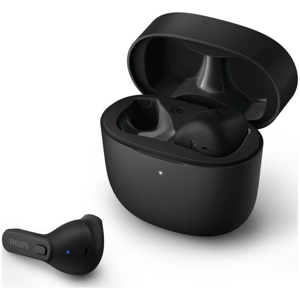 Czarne bezprzewodowe słuchawki Philips z etui ładującym, jeden douszny obok.