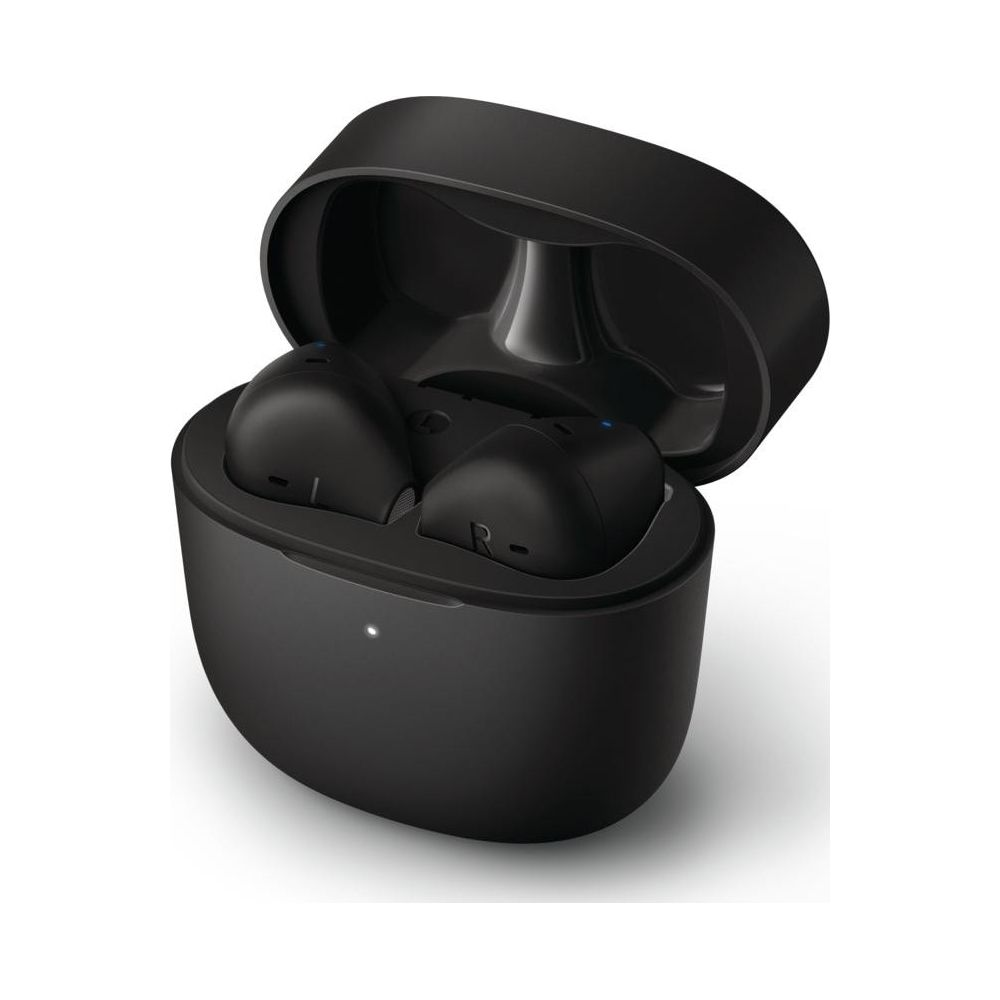 Czarne słuchawki bezprzewodowe w otwartym etui ładującym z niebieskimi wskaźnikami.