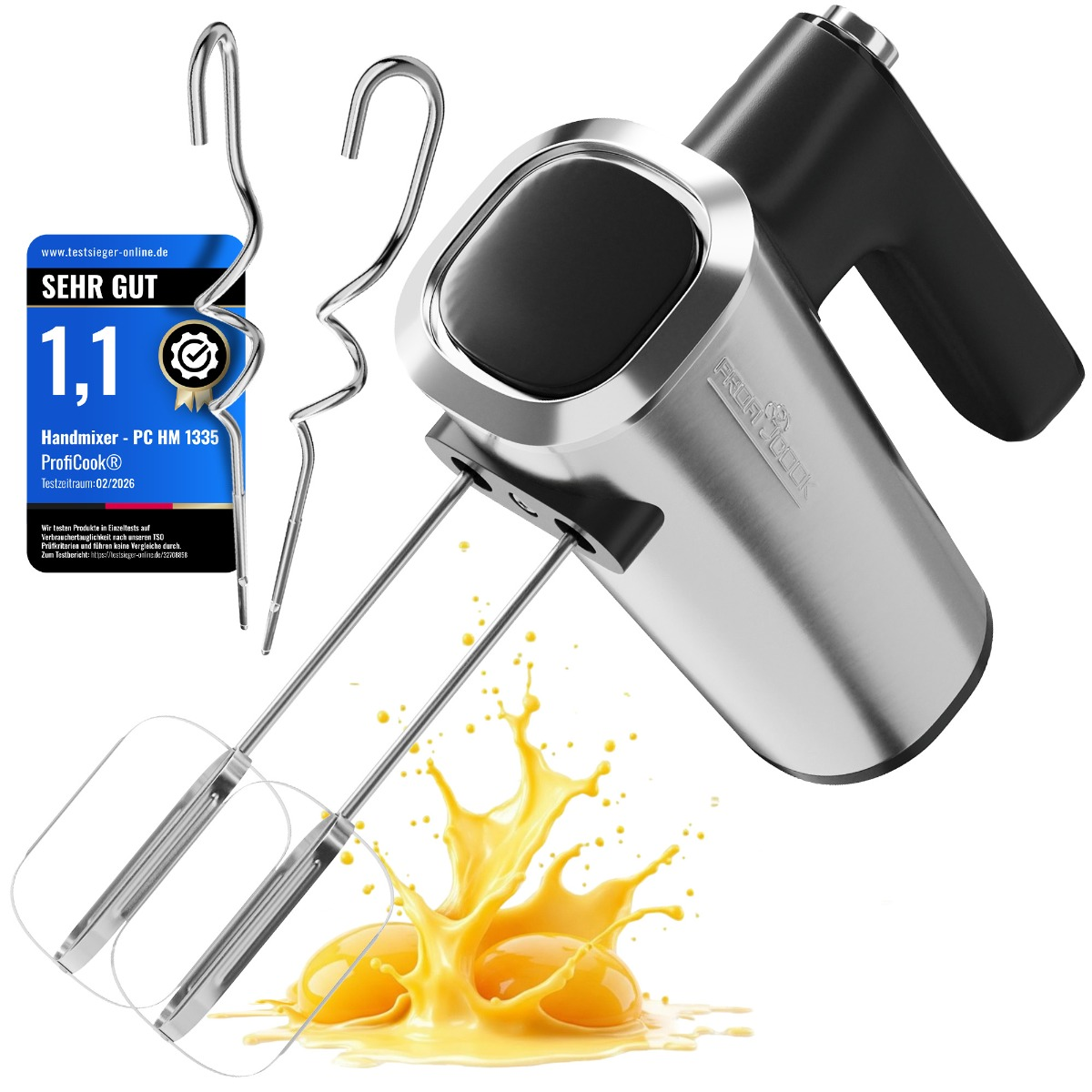Edelstahl-Handmixer mit zwei Quirleinsätzen, zwei Knethaken und Ei-Spritzern.