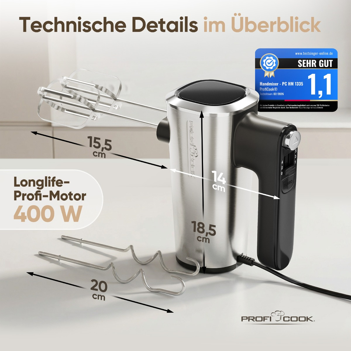 Edelstahl-Handmixer mit Zubehör, Maße und Leistung auf weißem Hintergrund.