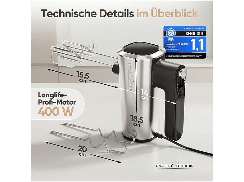 PROFICOOK PC-HM 1335 HANDMIXER 400W EDELSTAHL Handmixer Edelstahl (400 Watt)