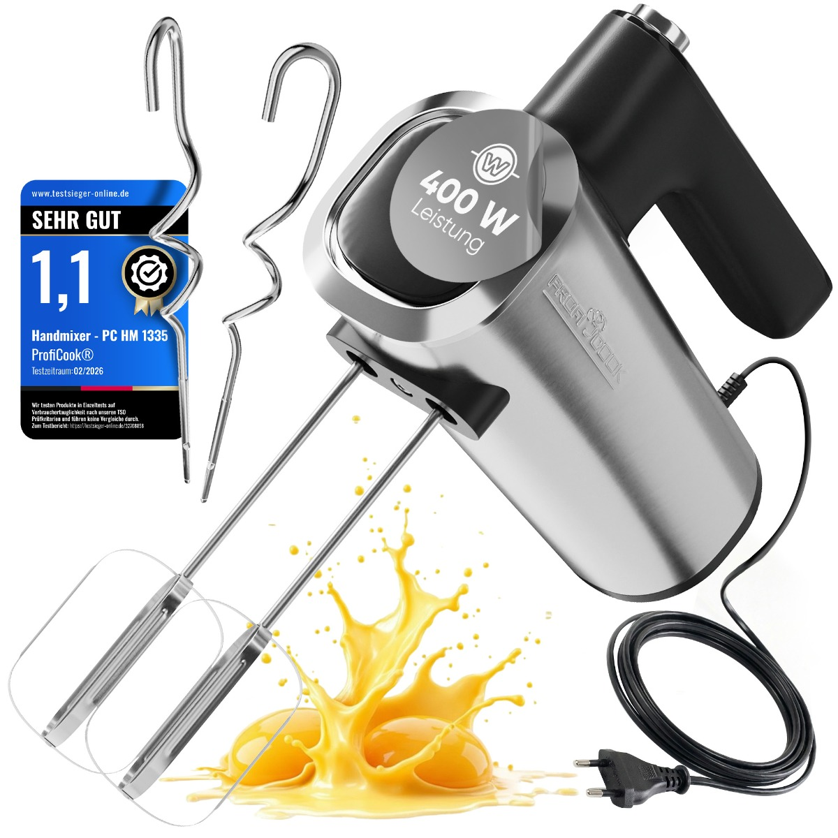 Silberner Handmixer mit schwarzem Griff, 400W Leistung, neben Eigelb und Schneebesen.