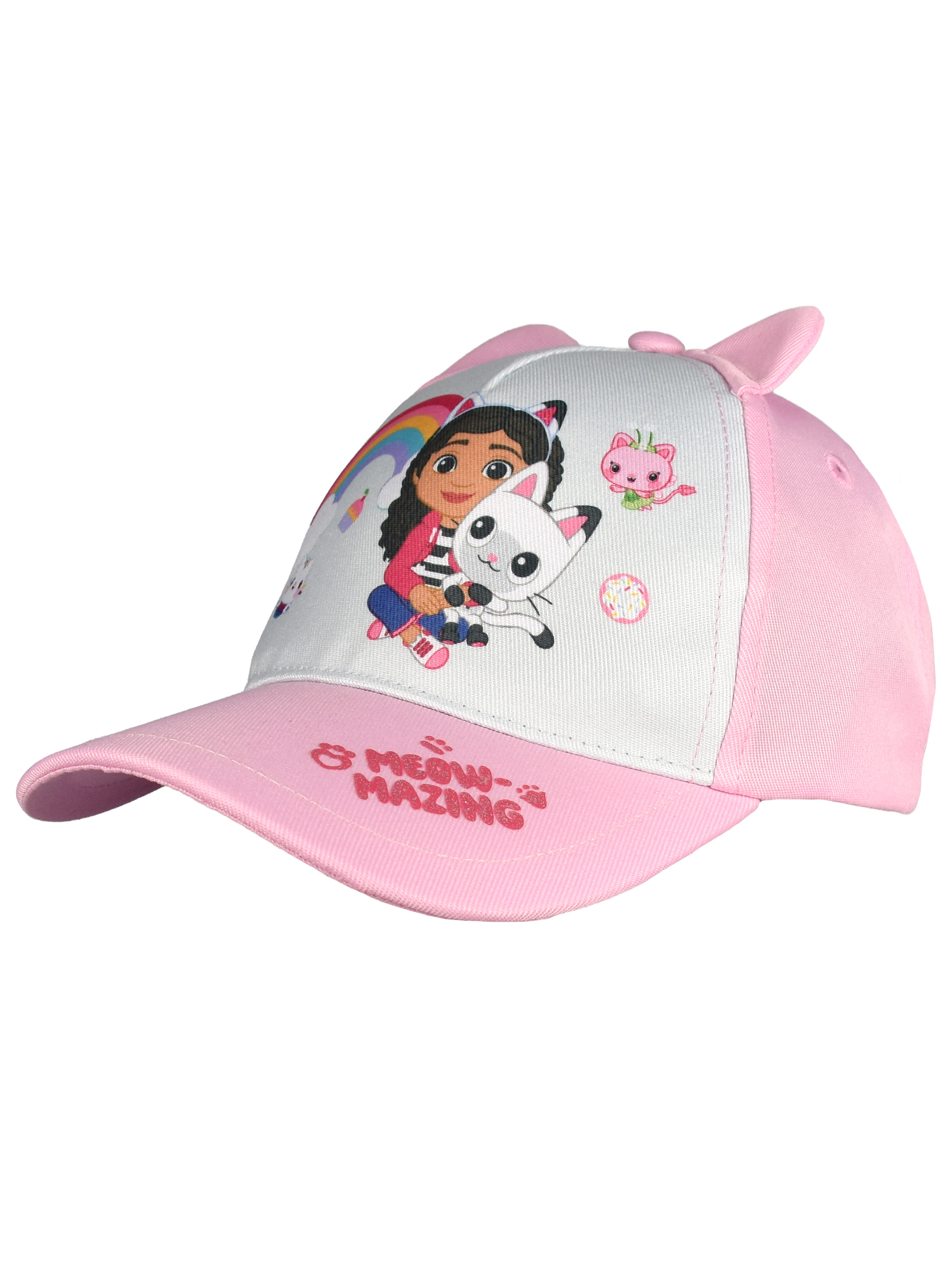 Ein pinkfarbener Baseballhut mit Katzenohren und Gabby's Dollhouse-Motiv.