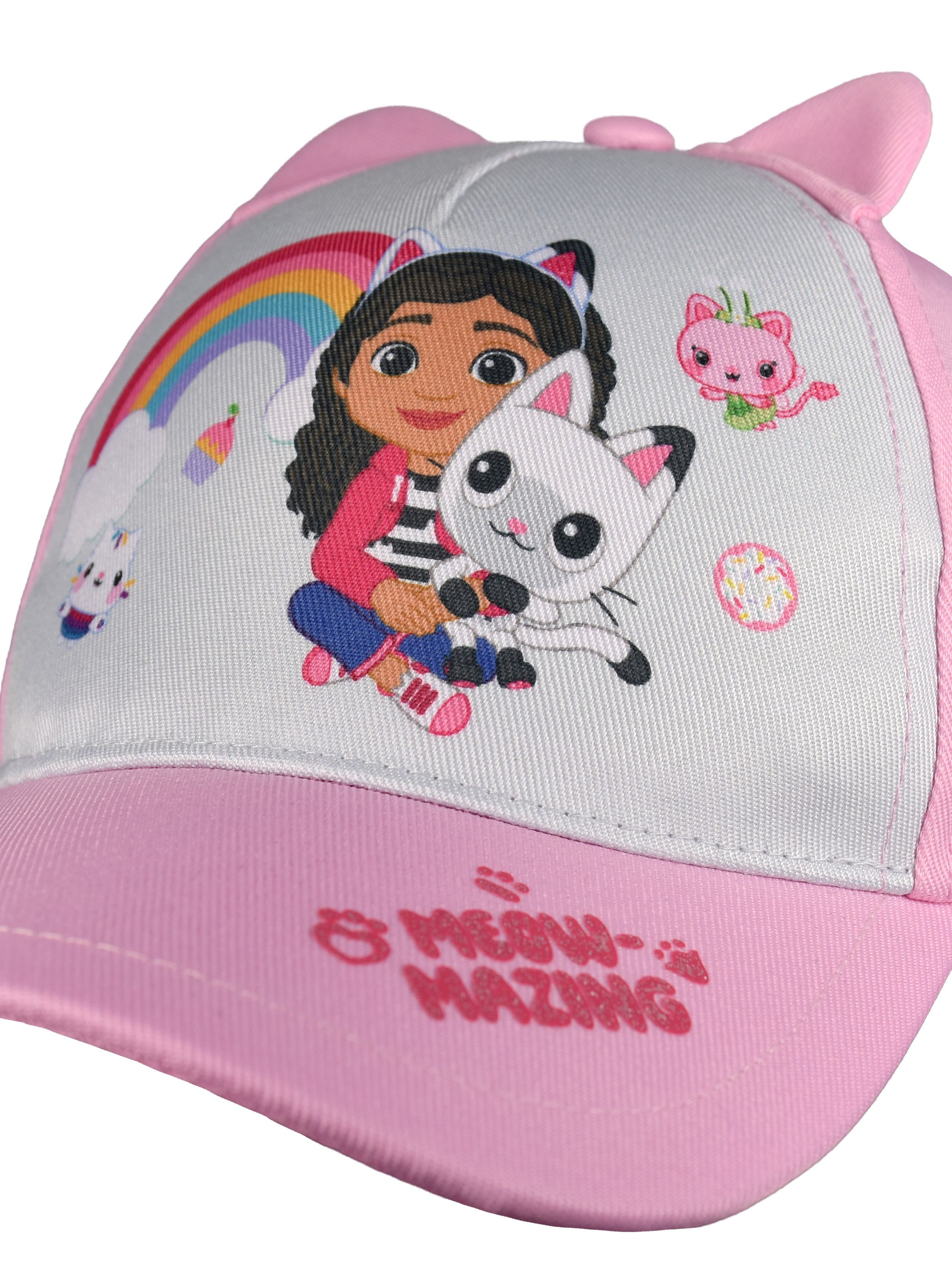Ein rosa Kinderhut mit einem Mädchen, einer Katze, einem Regenbogen und Katzenohren.