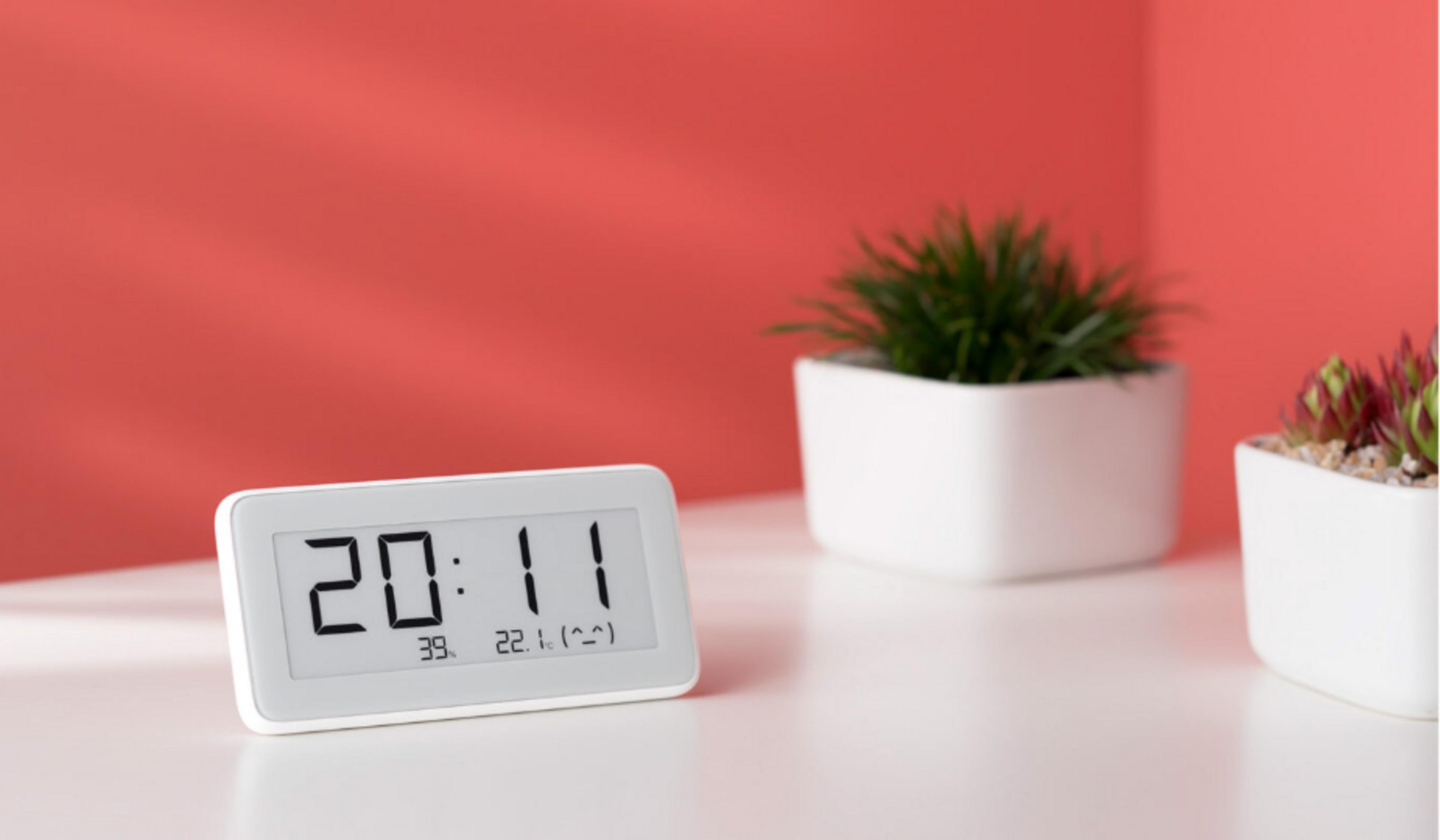 Zegar cyfrowy pokazuje 20:11. Dwie rośliny w białych doniczkach obok.