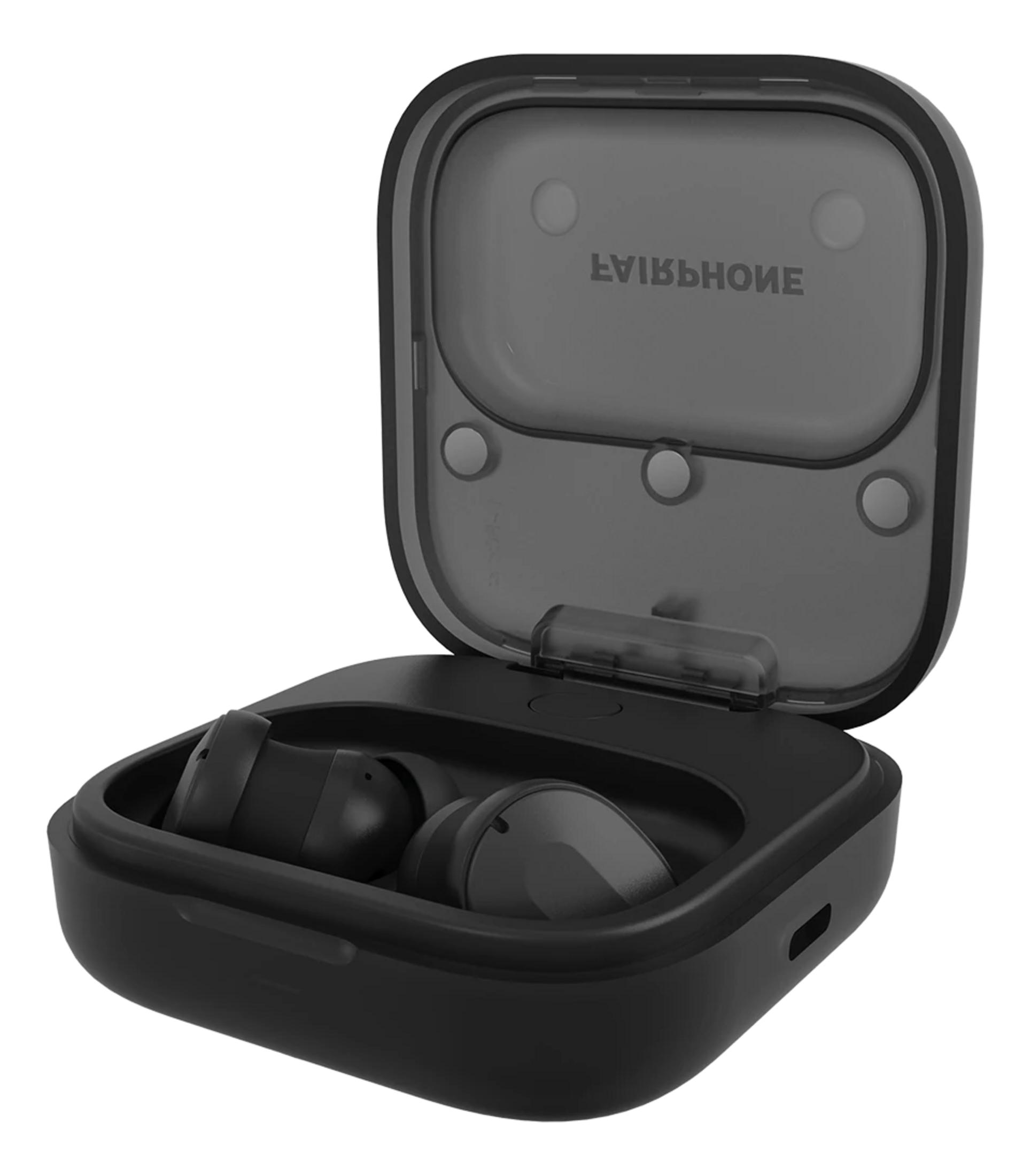 Czarne etui ładujące z otwartą pokrywą, w środku dwa pąki.