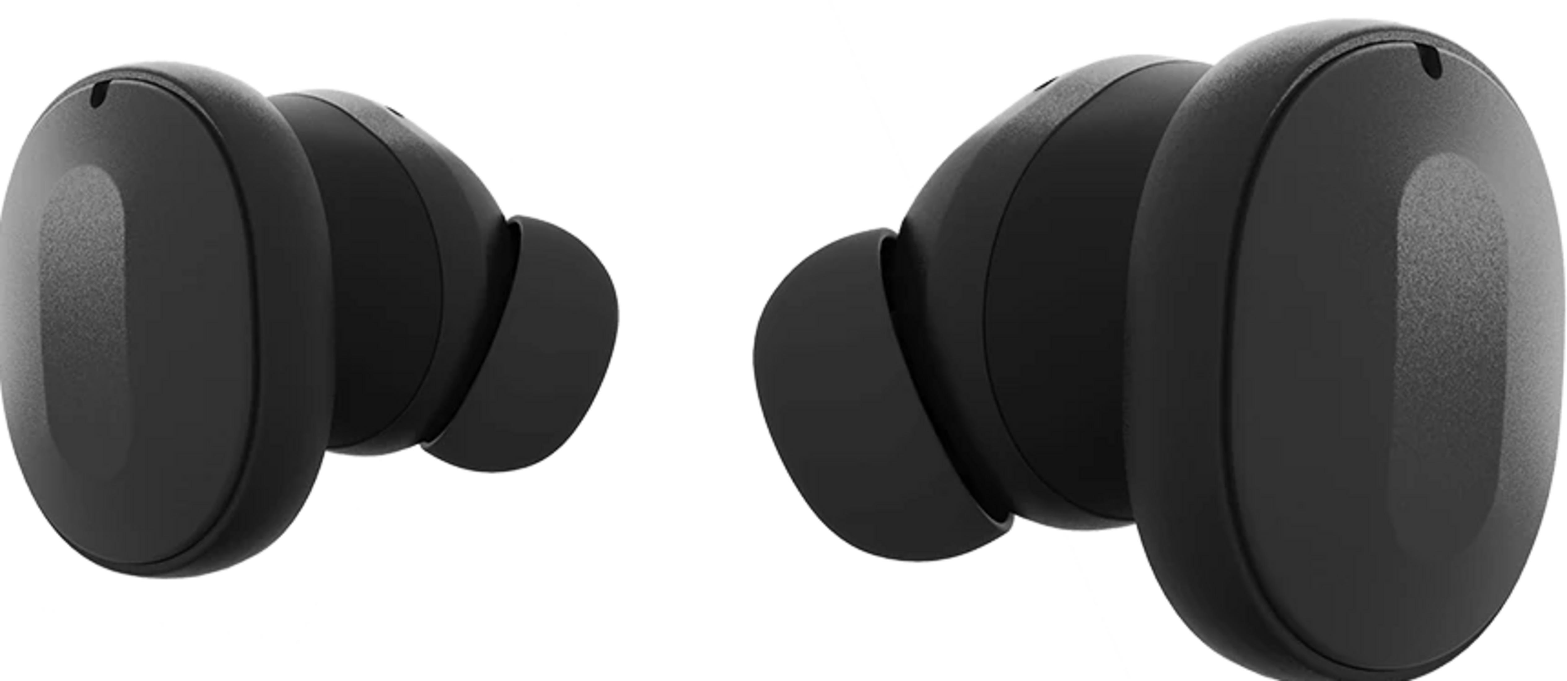 Dwa czarne słuchawki bezprzewodowe na białym tle.