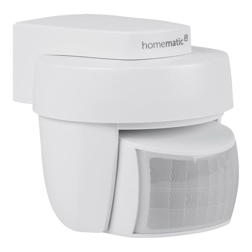 Biały czujnik ruchu Homematic z soczewką z przodu.