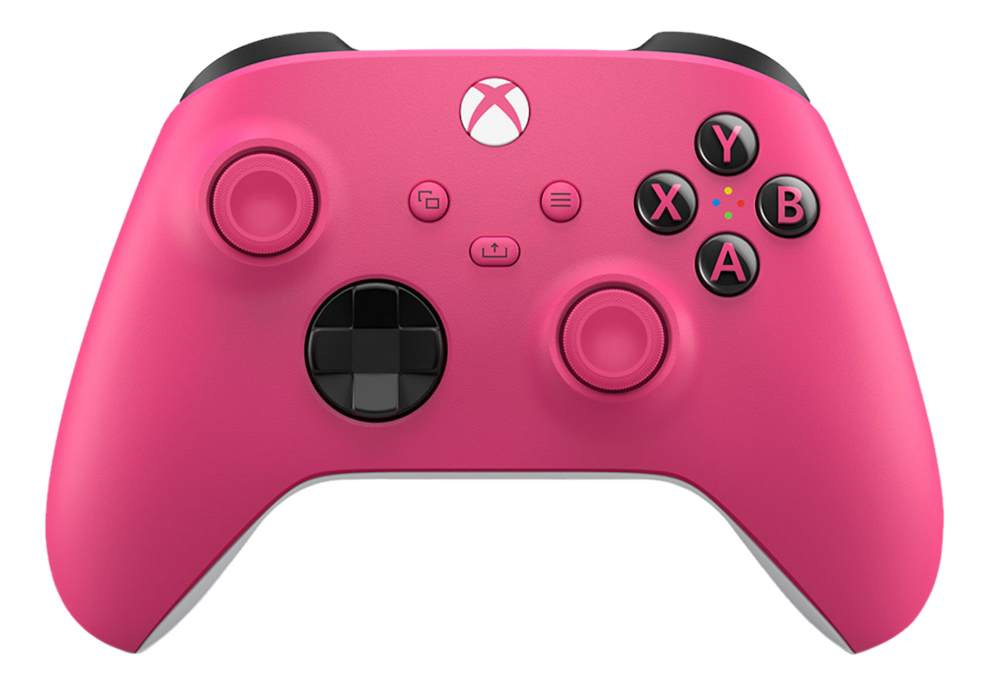 Een roze Xbox controller met zwarte knoppen en een wit Xbox-logo.