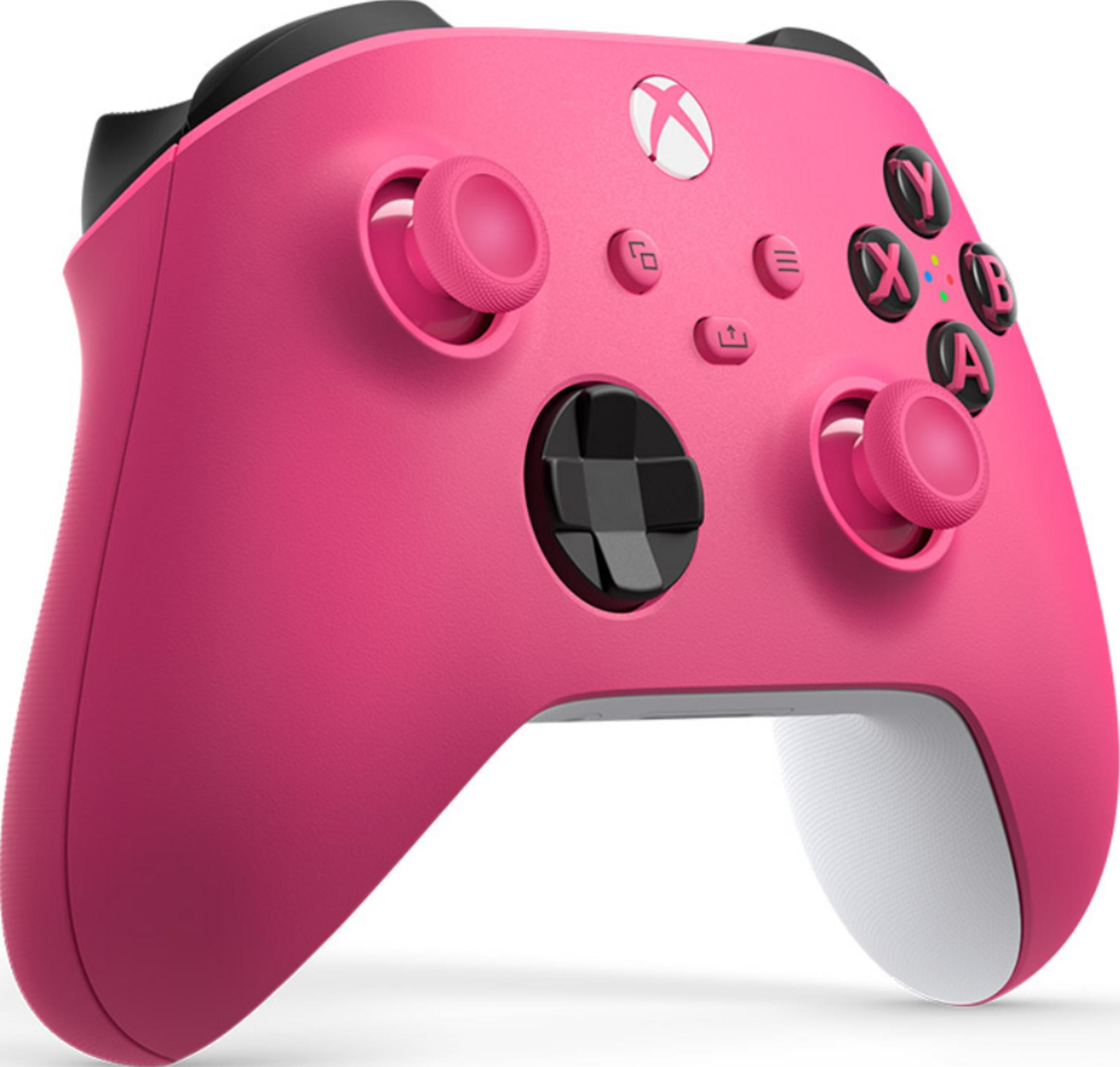 Een roze Xbox controller met zwarte accenten en zilveren handgrepen.