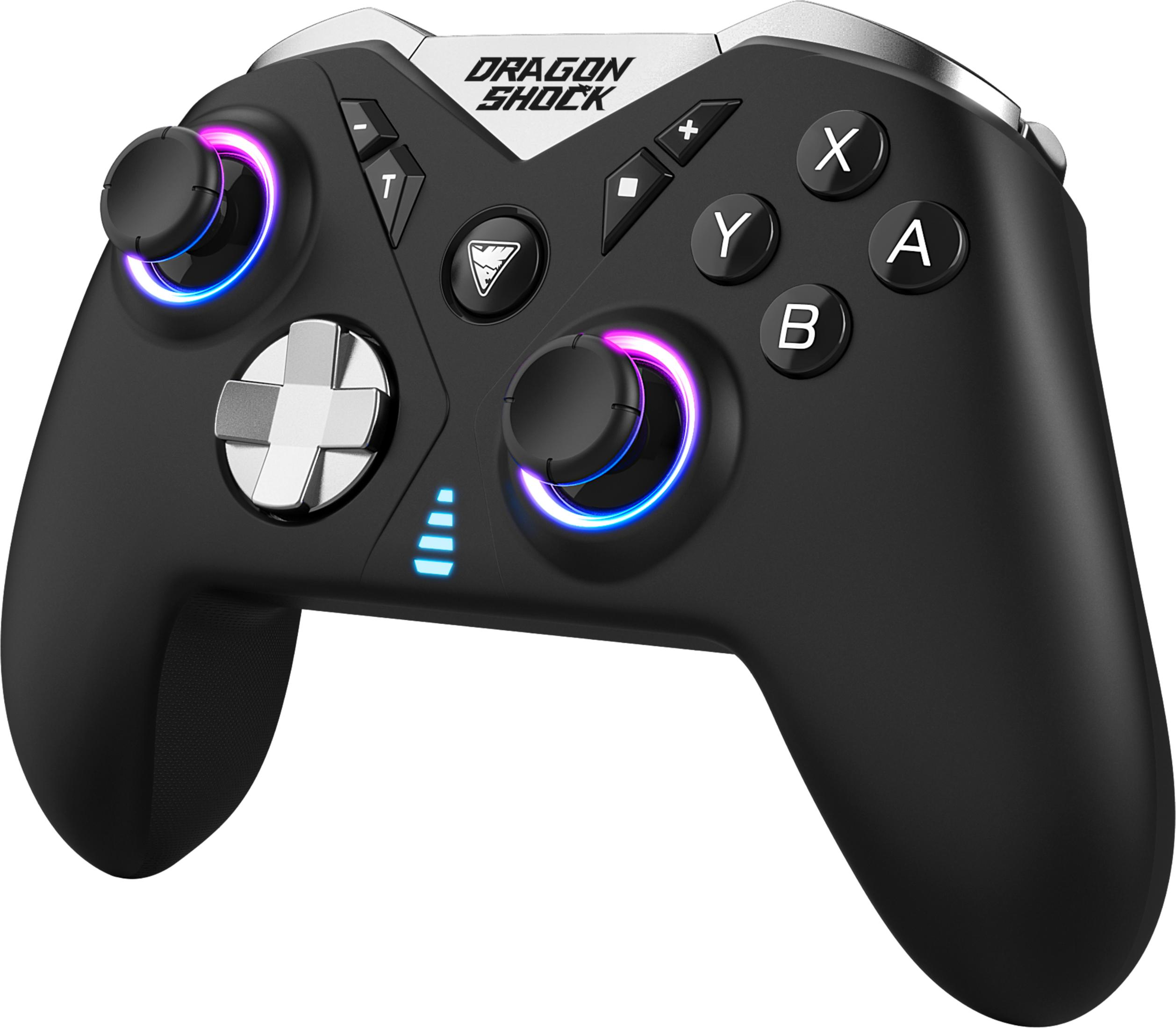 Schwarzer Gaming-Controller mit blauen und pinken Lichtern.