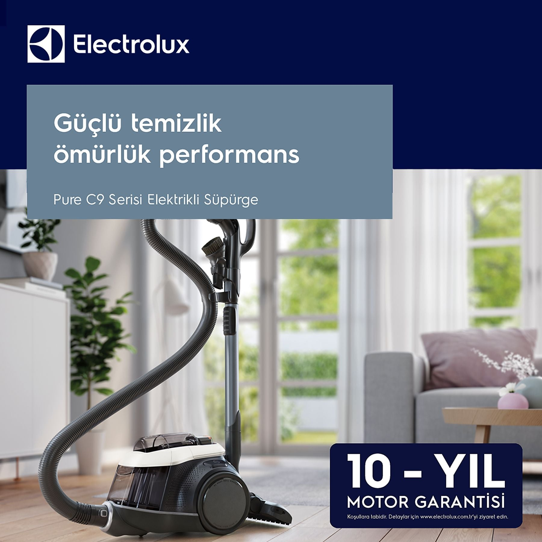 Szary odkurzacz Electrolux z wężem w salonie. Gwarancja 10 lat.