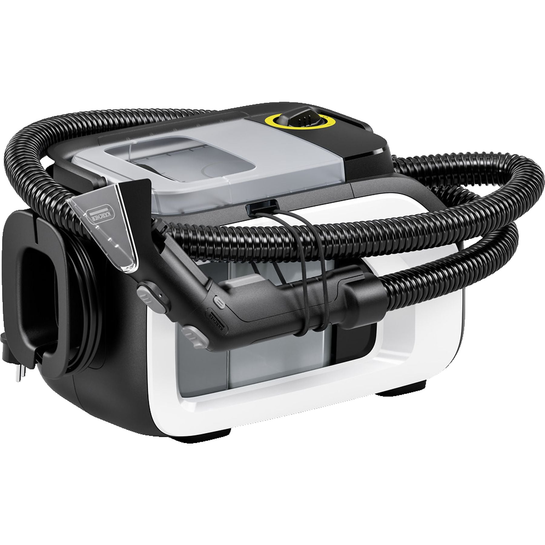 Tuyau noir attaché à un nettoyeur Karcher blanc et gris avec poignée.
